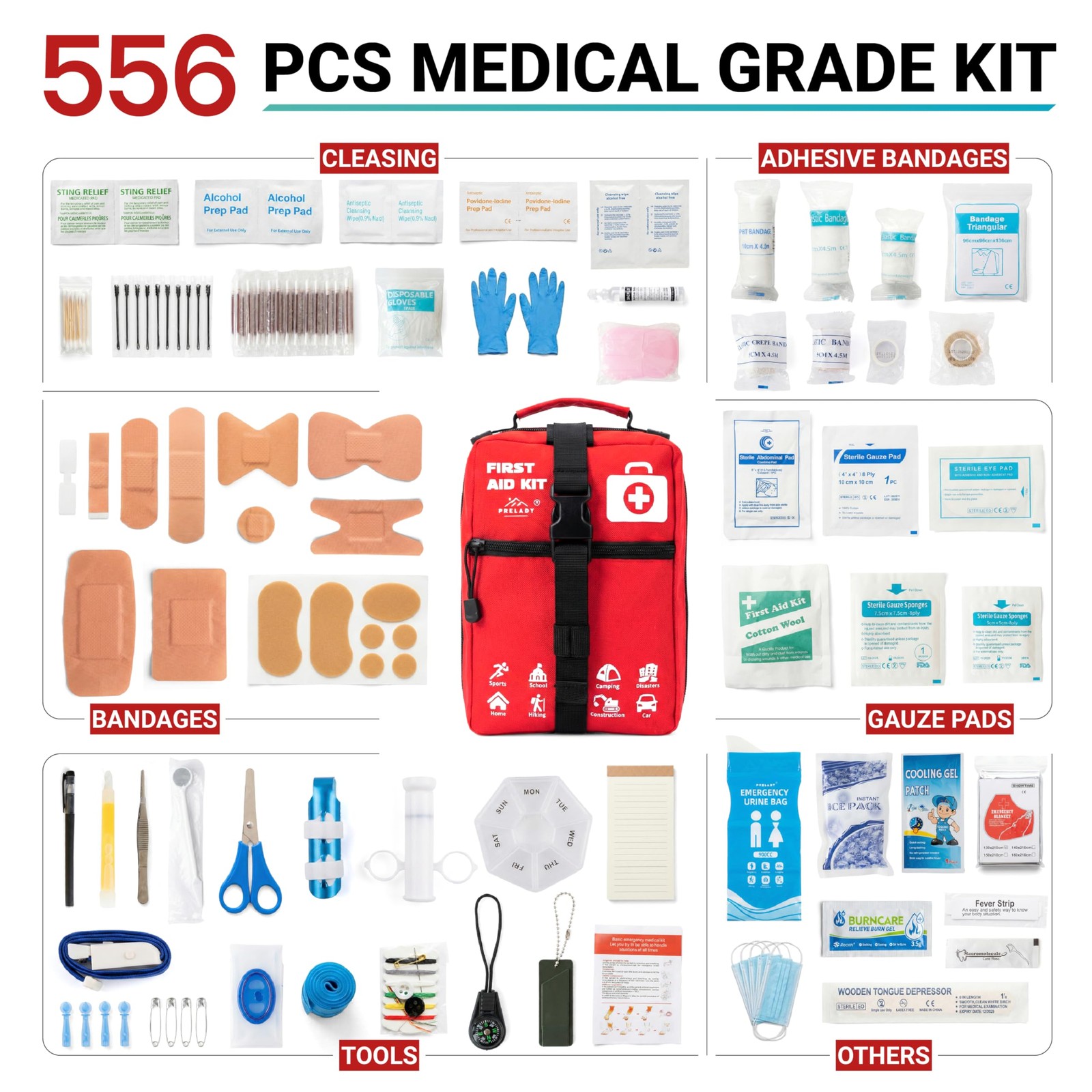 556 Piece Premium Large First Aid Kit, Survival Medical Large, Red