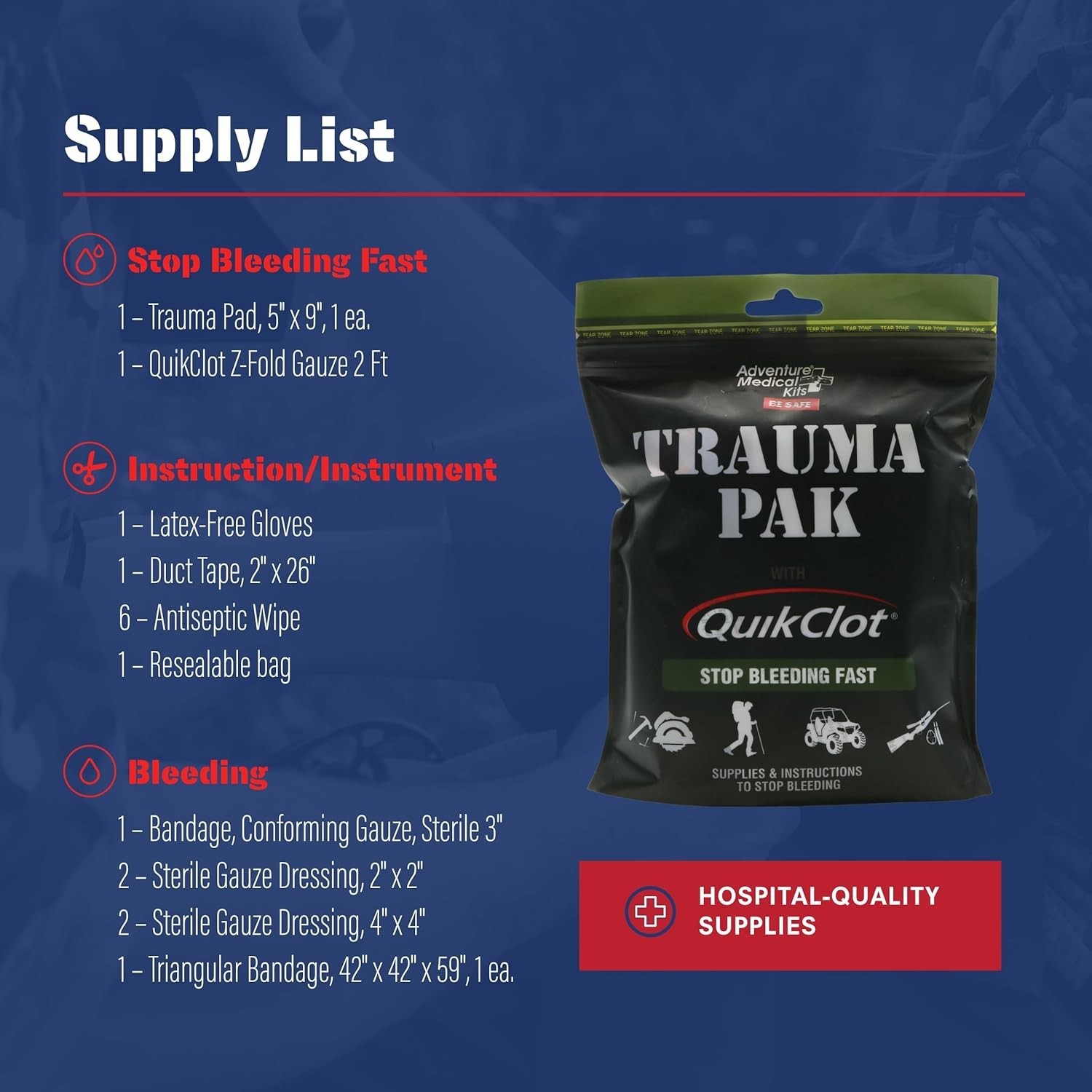 Trauma Pak First Aid Kit with QuikClot Sponge, black, one size