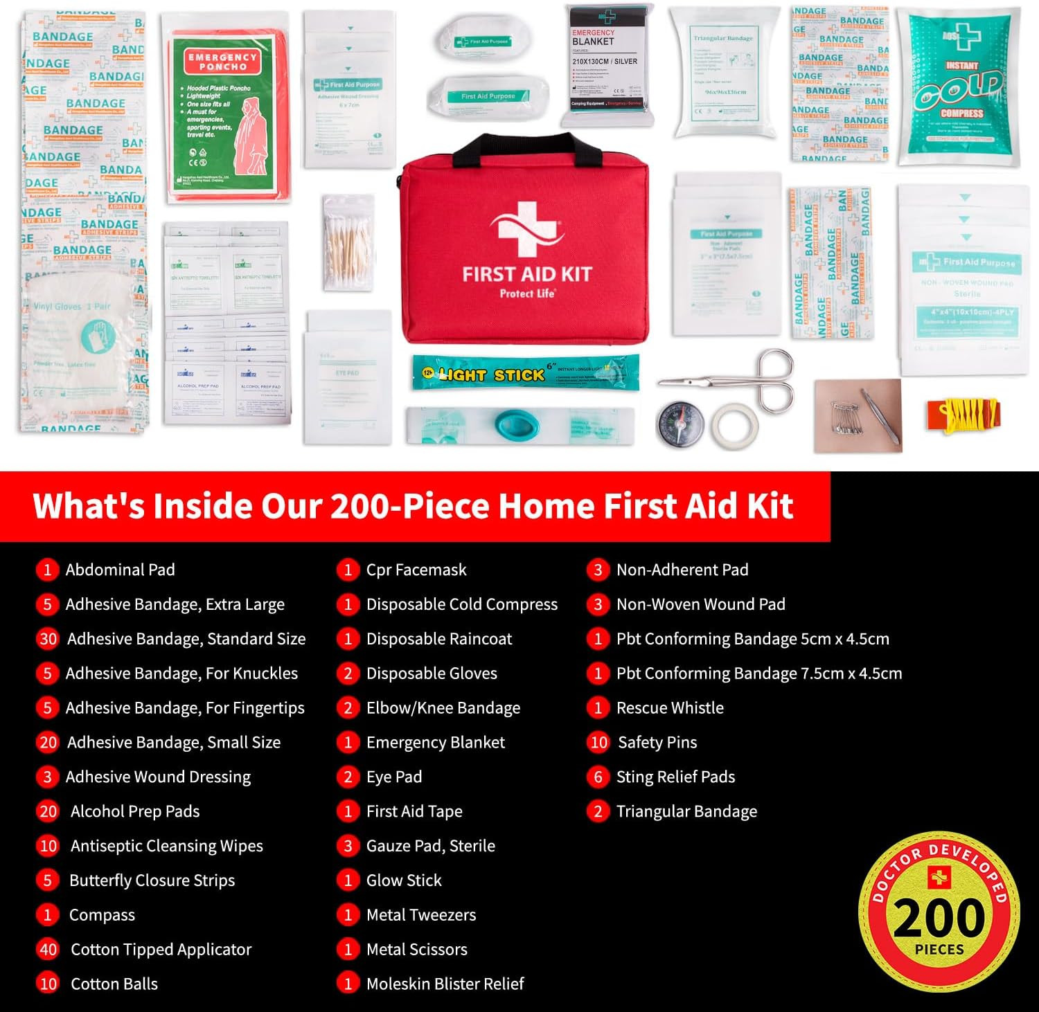200 Pcs First Aid Kit, Emergency Kit for Office Setting, Medical Kit Supplies