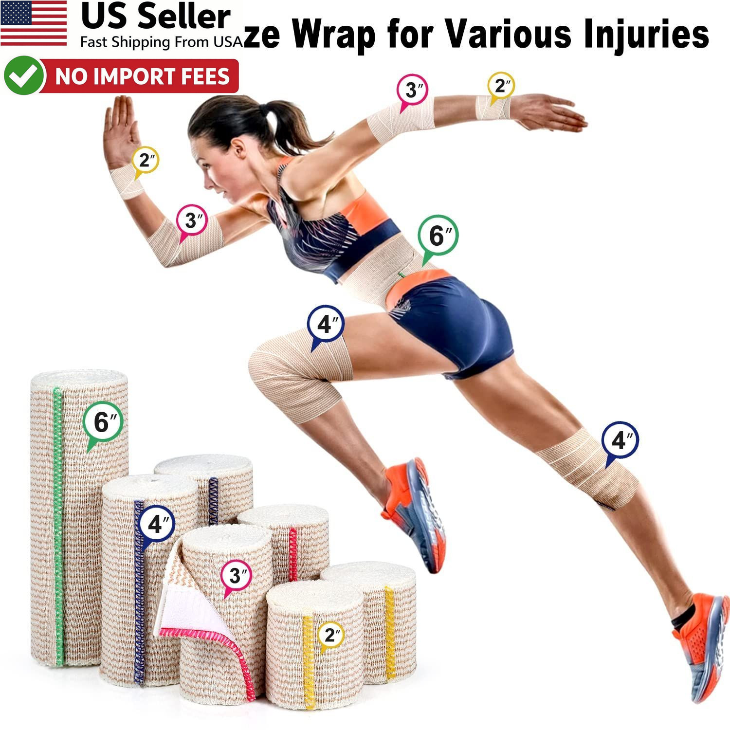 FRESINIDER 6" Elastic Bandage Wrap 4 Pack Cotton Compression Touch Close FROM US