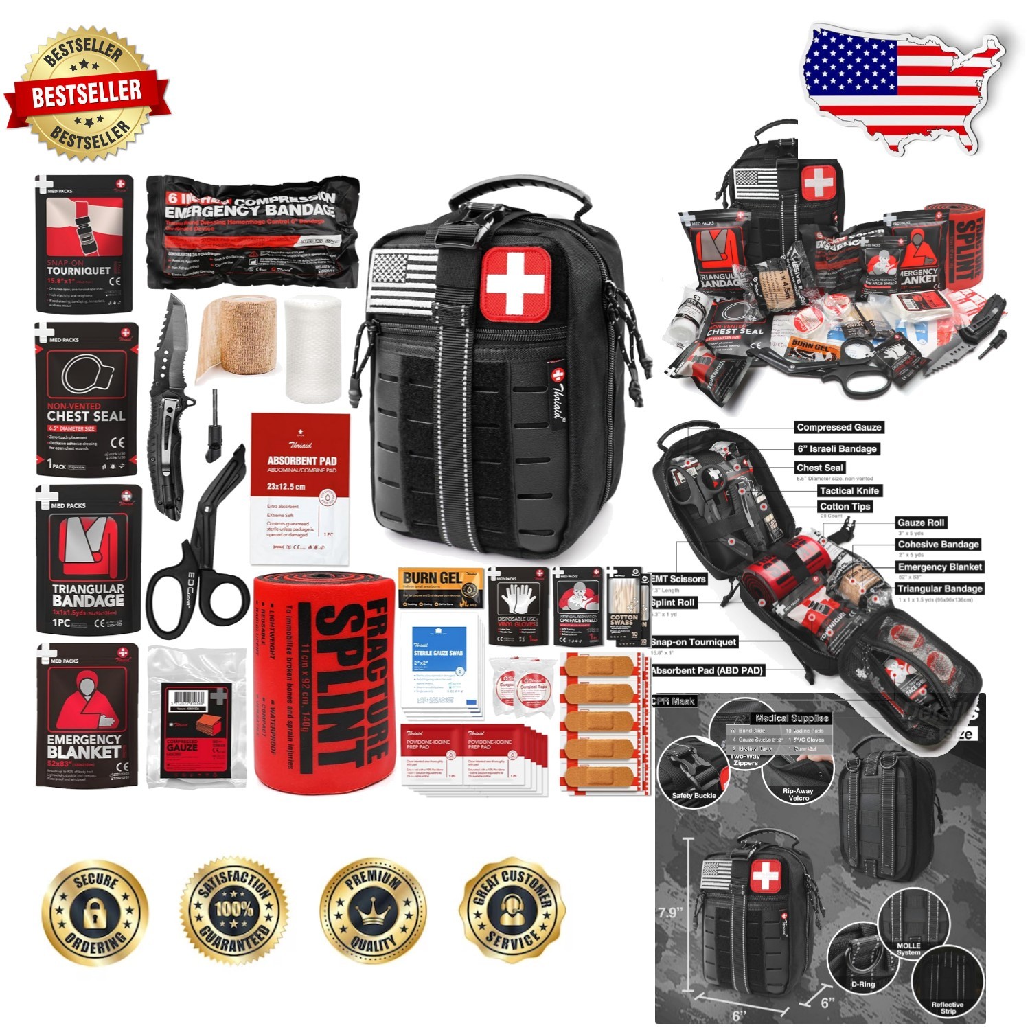 Durable Black Molle First Aid Kit – 60pc Military Trauma IFAK w/ Tourniquet