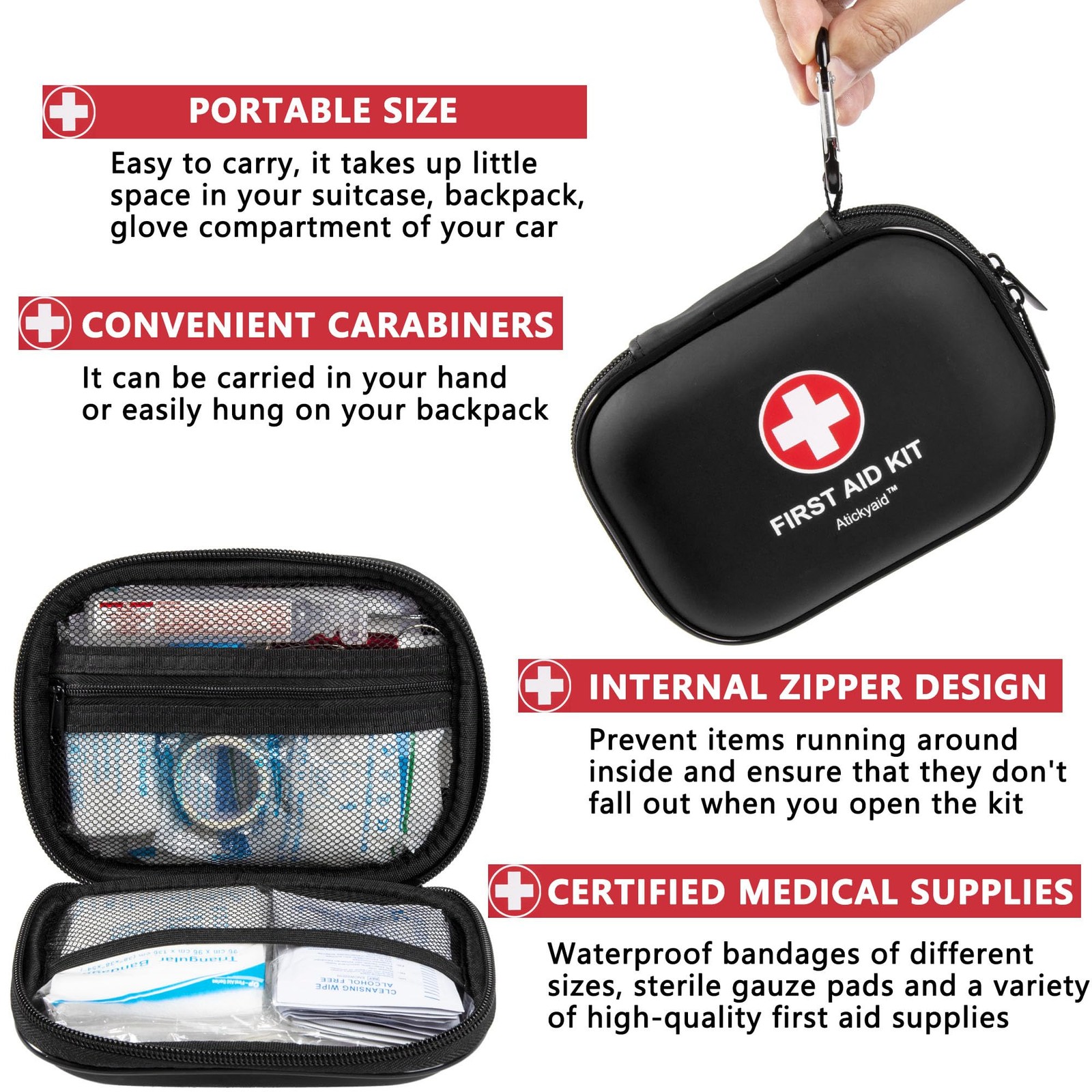 Mini First Aid Kit – 120 Piece Small Waterproof Hard Shell 120 Pieces, Black