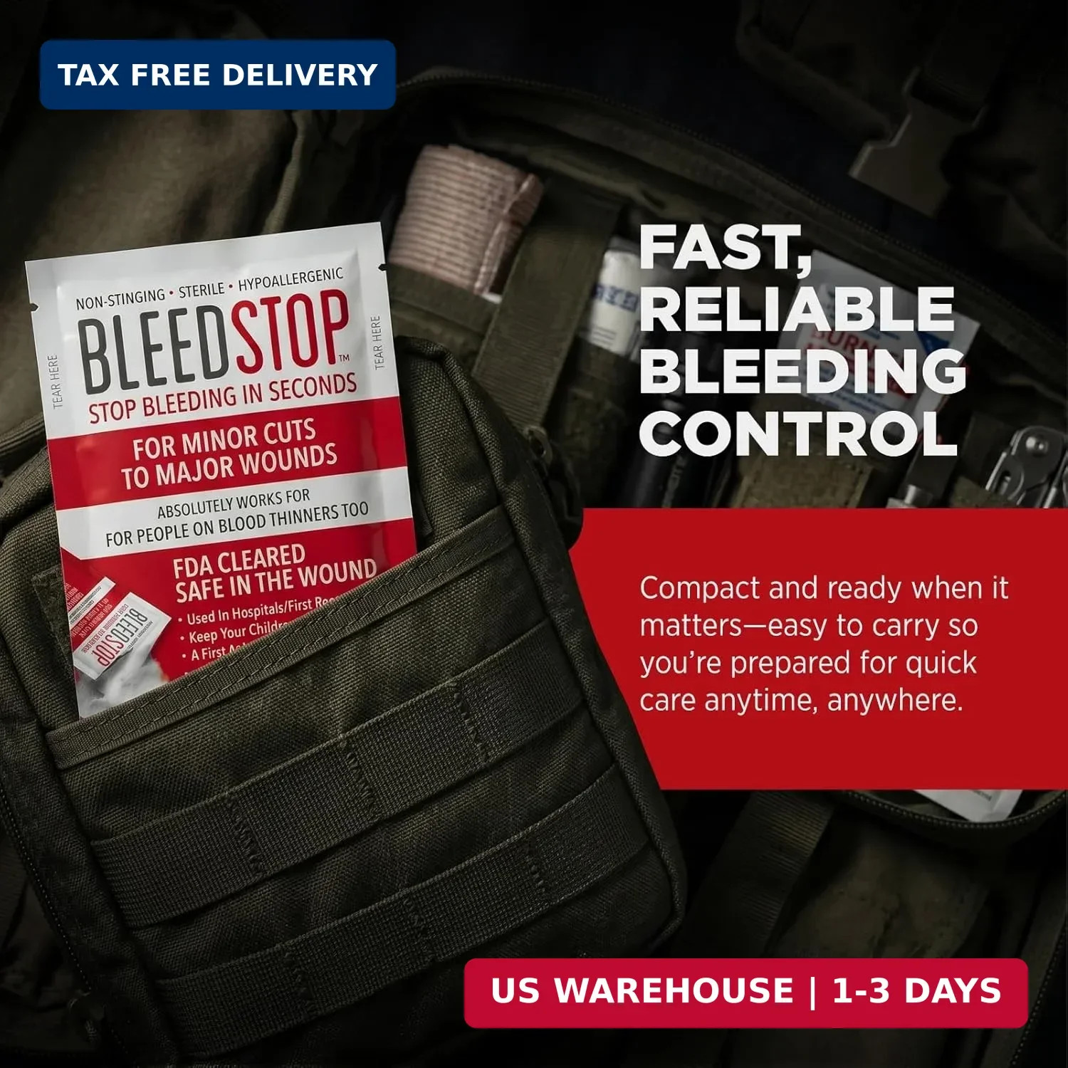BleedStop™ First Aid Powder for Blood Clotting, Trauma Kit, Blood Thinner Patien