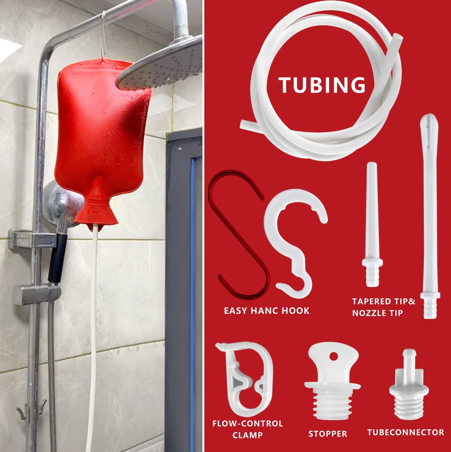 Enema Bag 2L Home Kit with 2 Tips,60 inch Long Silicone Hose, Red