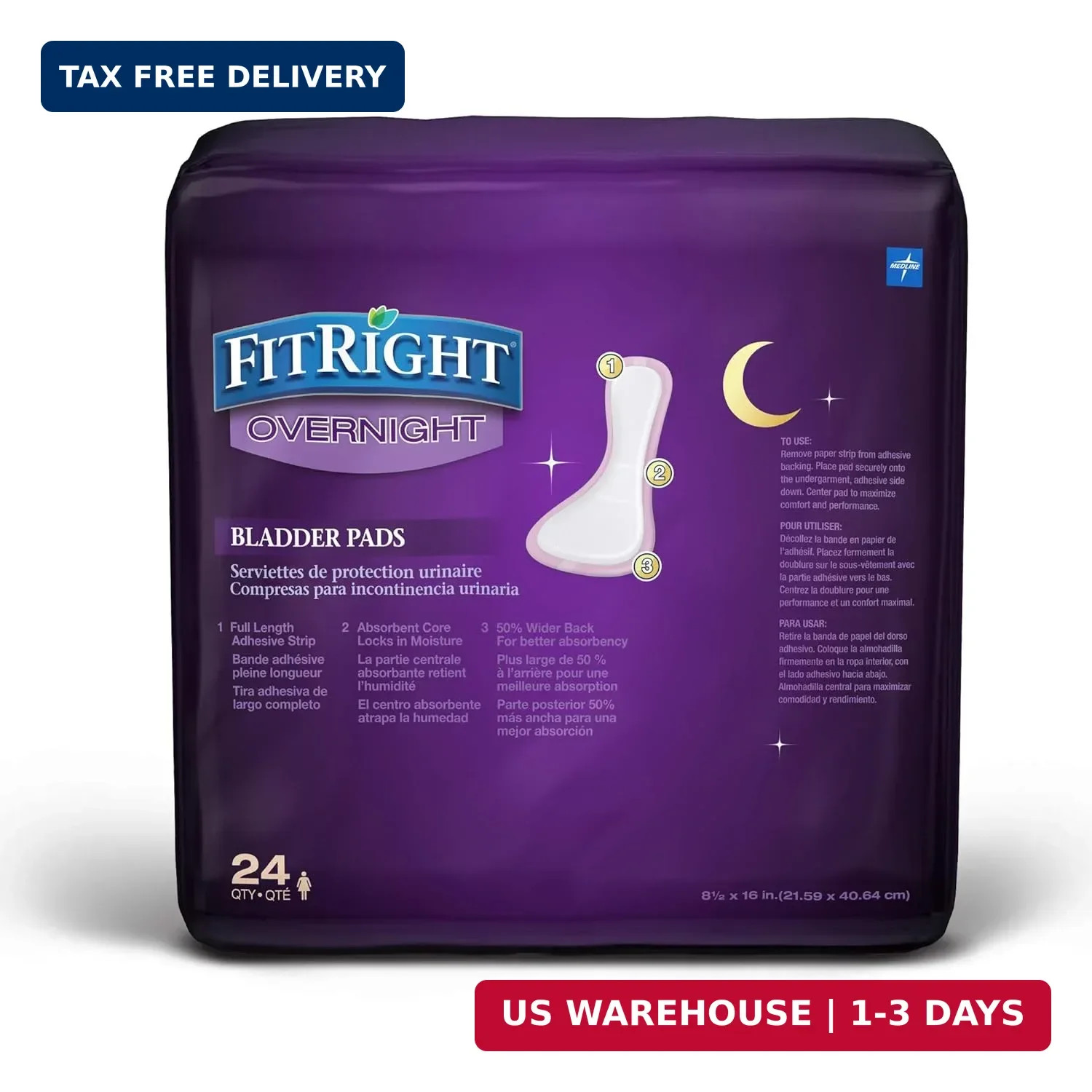 Medline FitRight Overnight Bladder Control Pads, Maximum Absorbency, Nighttime I