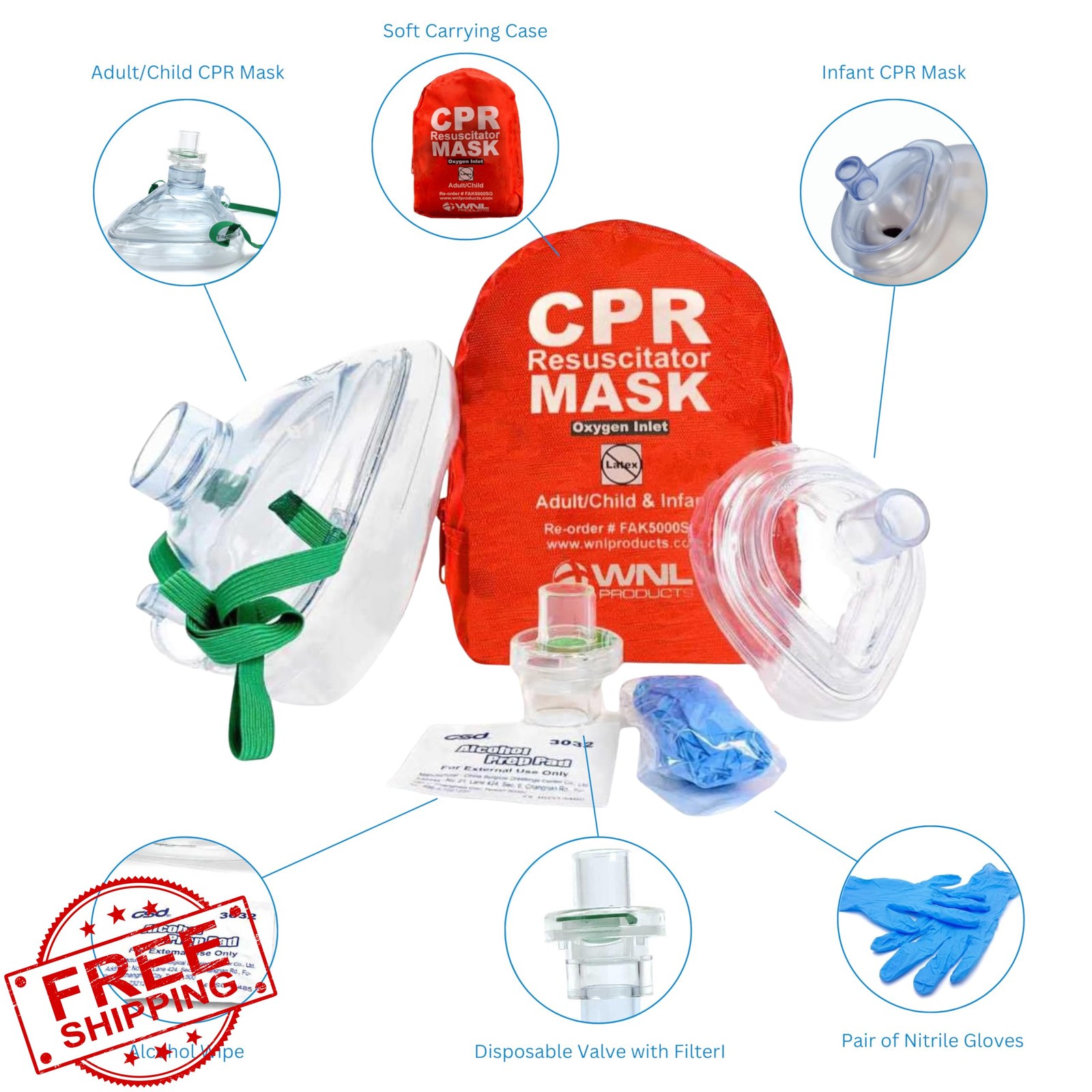 WNL Products CPR Rescue Masks, 10 Pack, Adult/Child/Infant Case