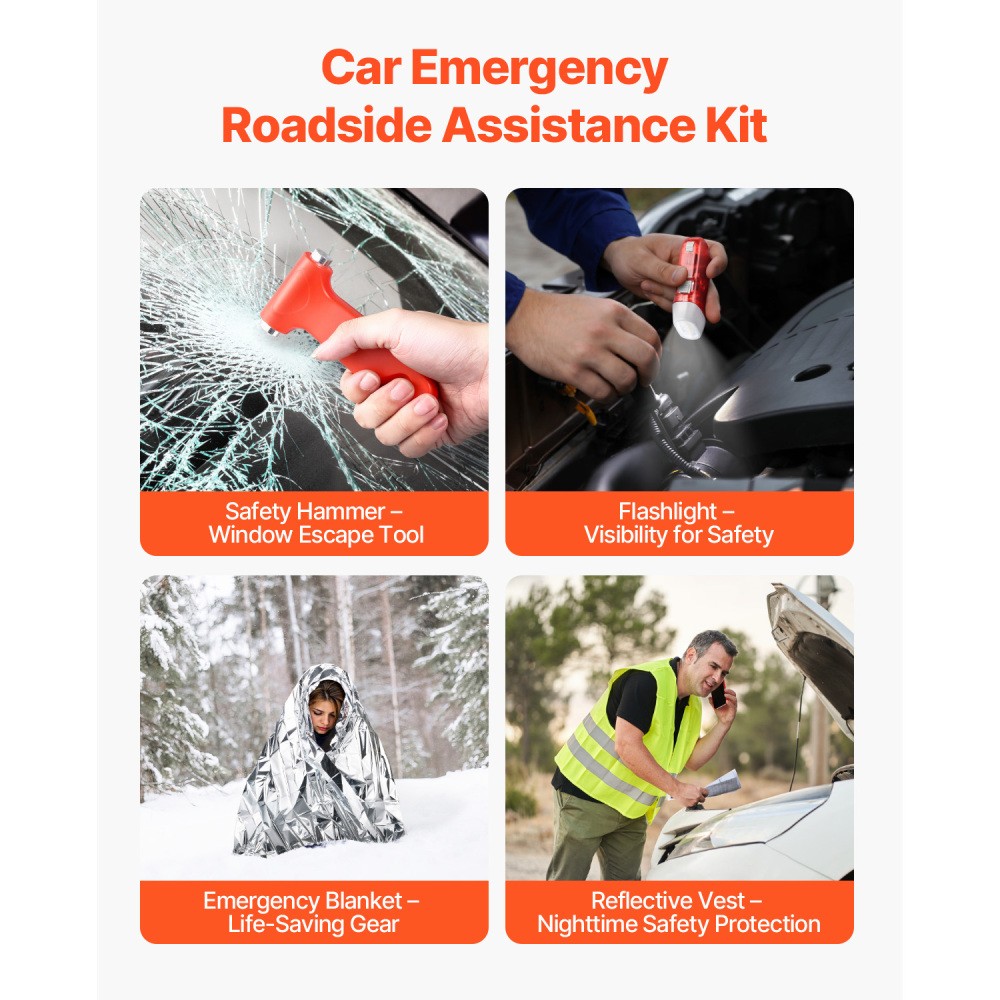 32Pc Car Emergency Roadside Kit Jumper Cable 12V Air Pump First Aid Box Bag