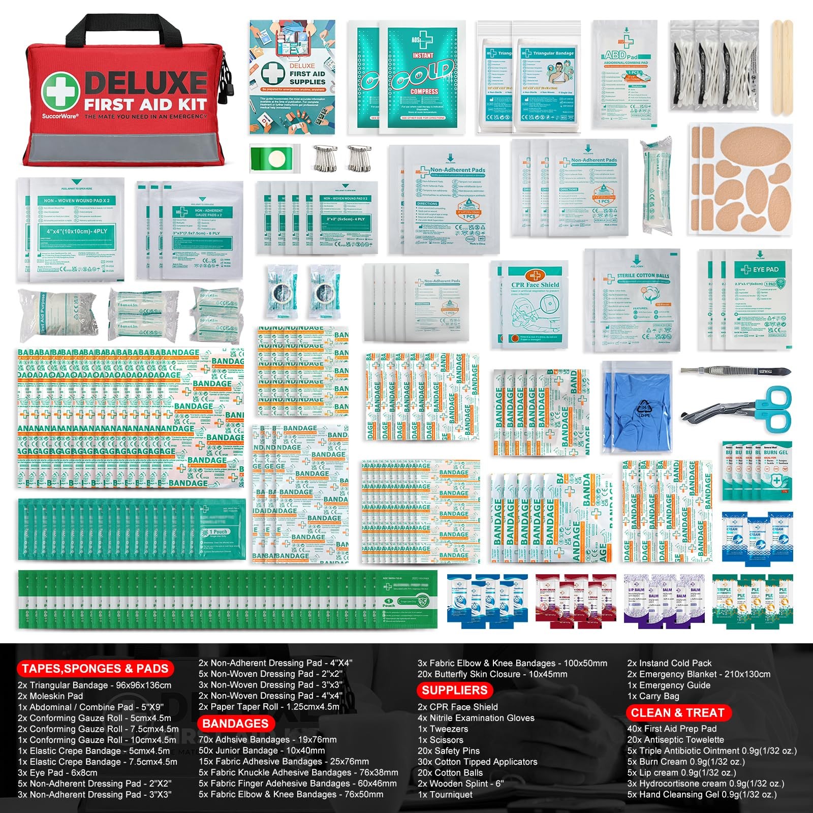 380 Pieces Deluxe First Aid Kit Compact Trauma Medical Kits with Assorted Ban…