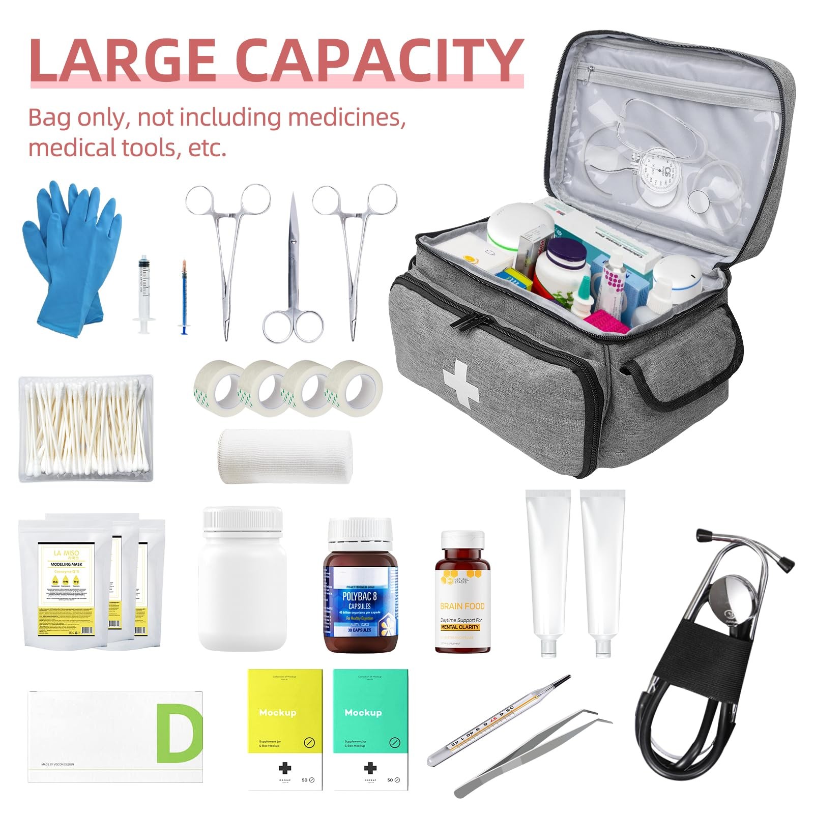 ALSLEA First Aid Bag Empty, Small Medicine 12"L x 9"W x 7"H, Gray