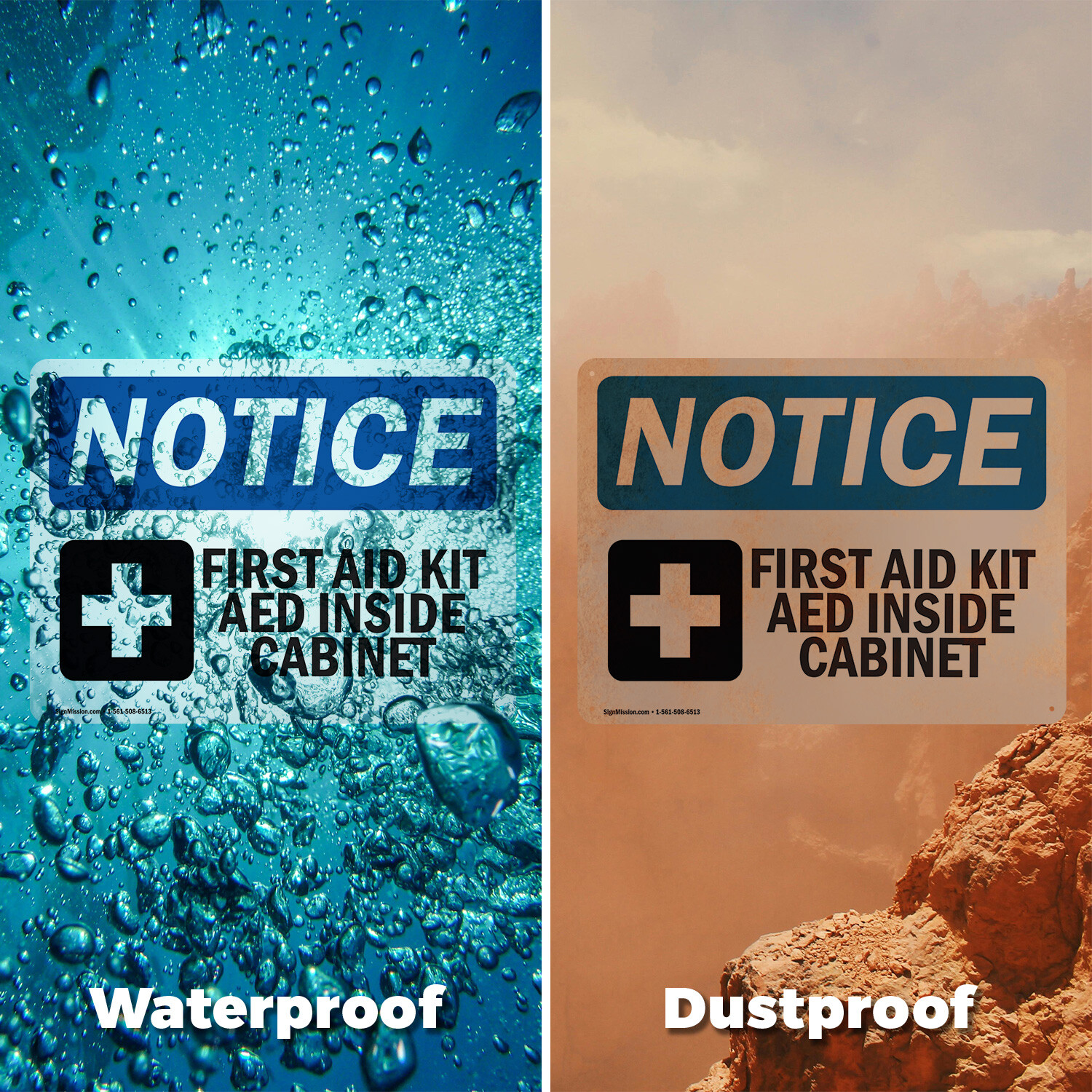 (2 Pack) First Aid Kit AED Inside Cabinet OSHA Notice Sign Decal Metal Plastic