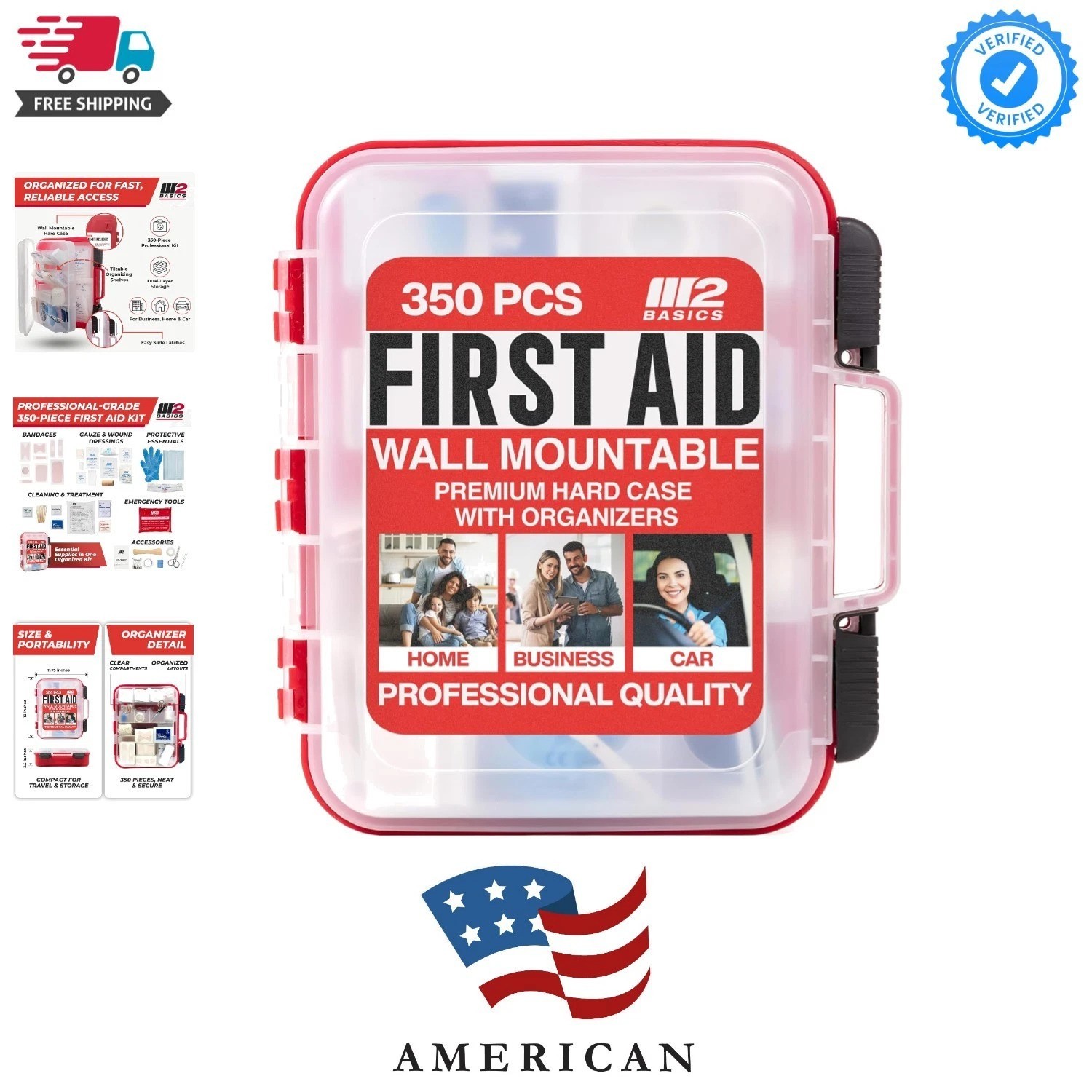 350 Piece First Aid Kit, Wall Mount Hard Case with Dual Layer Compartments fo…