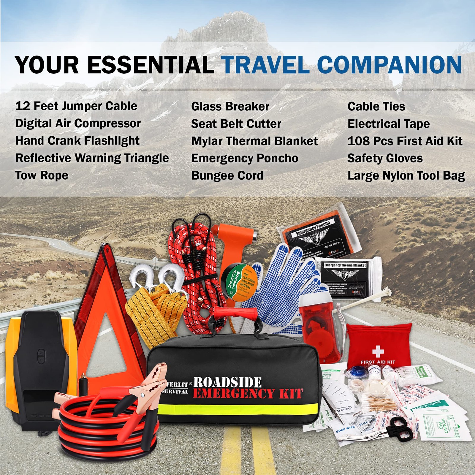 Everlit Survival Car Emergency Kit, Roadside Safety 108 Piece Set, Multicolor