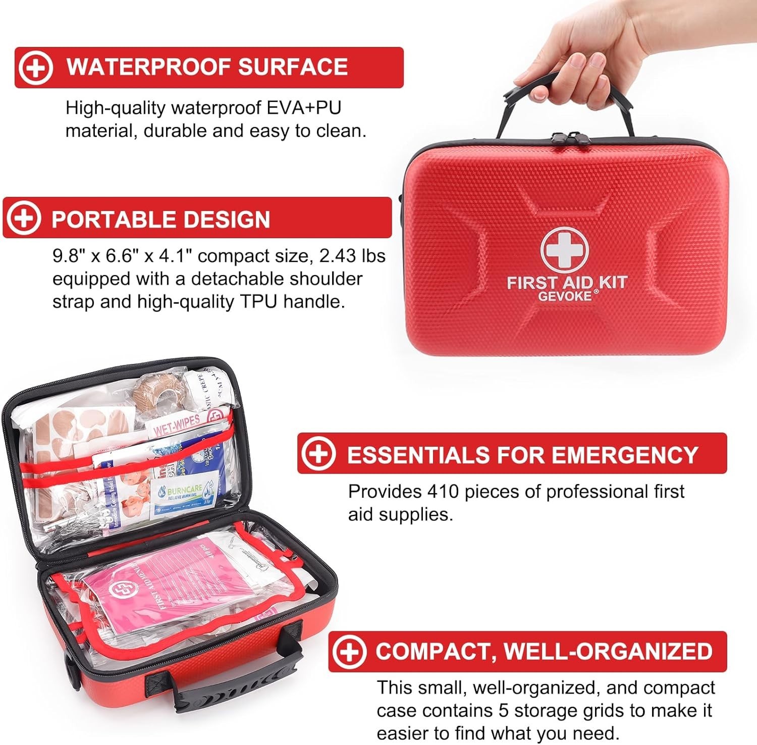 Portable First Aid Kit with 410 Emergency Supplies – Waterproof & Compact Design