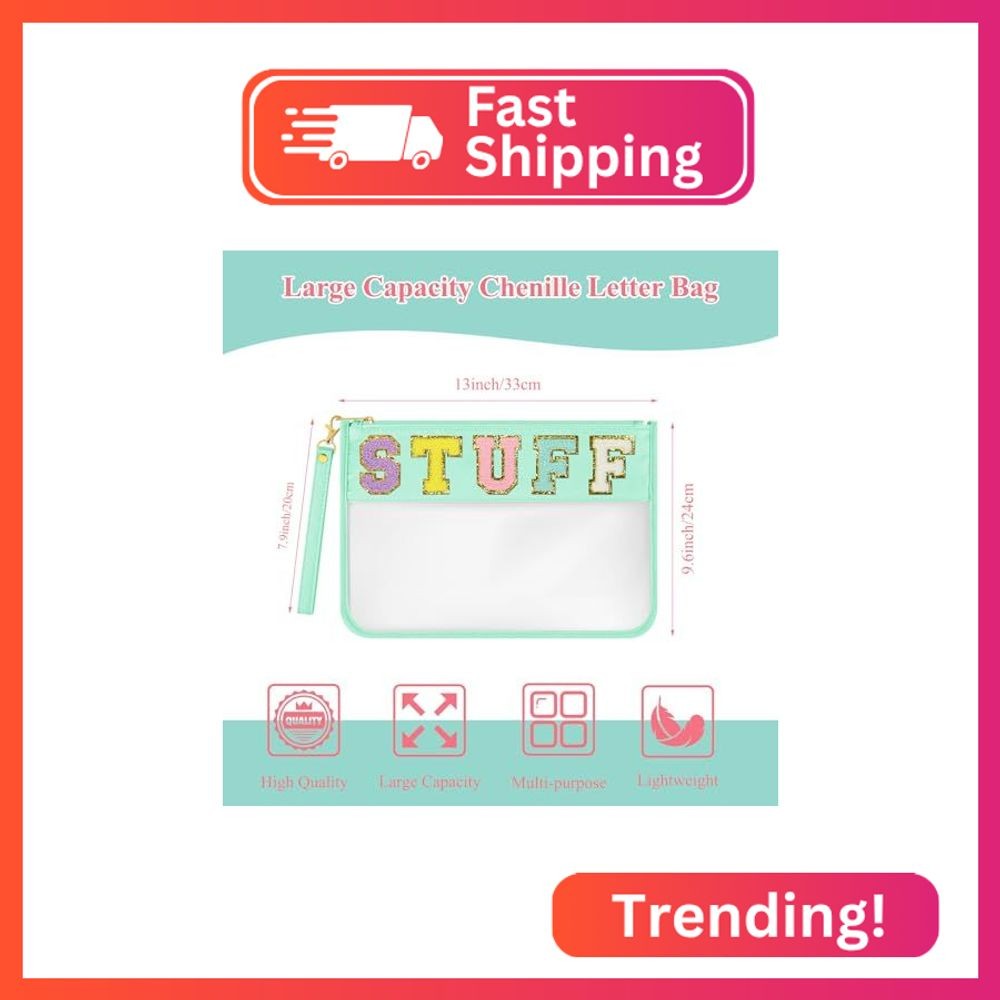 BOUBONI Chenille Letter Bag Flat Pouch Nylon and PVC Clear Cosmetic Bags Travel