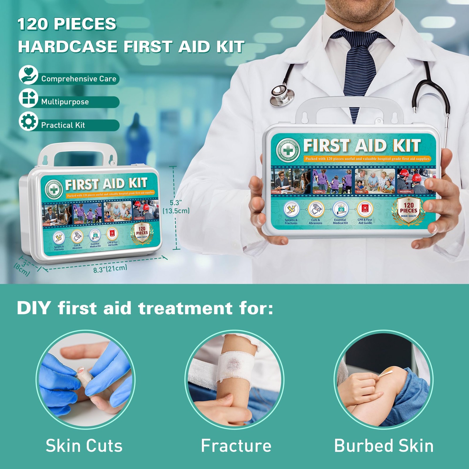120 Pieces Hardcase First Aid Kit – First Aid Box Includes Instant Cold Pack,…