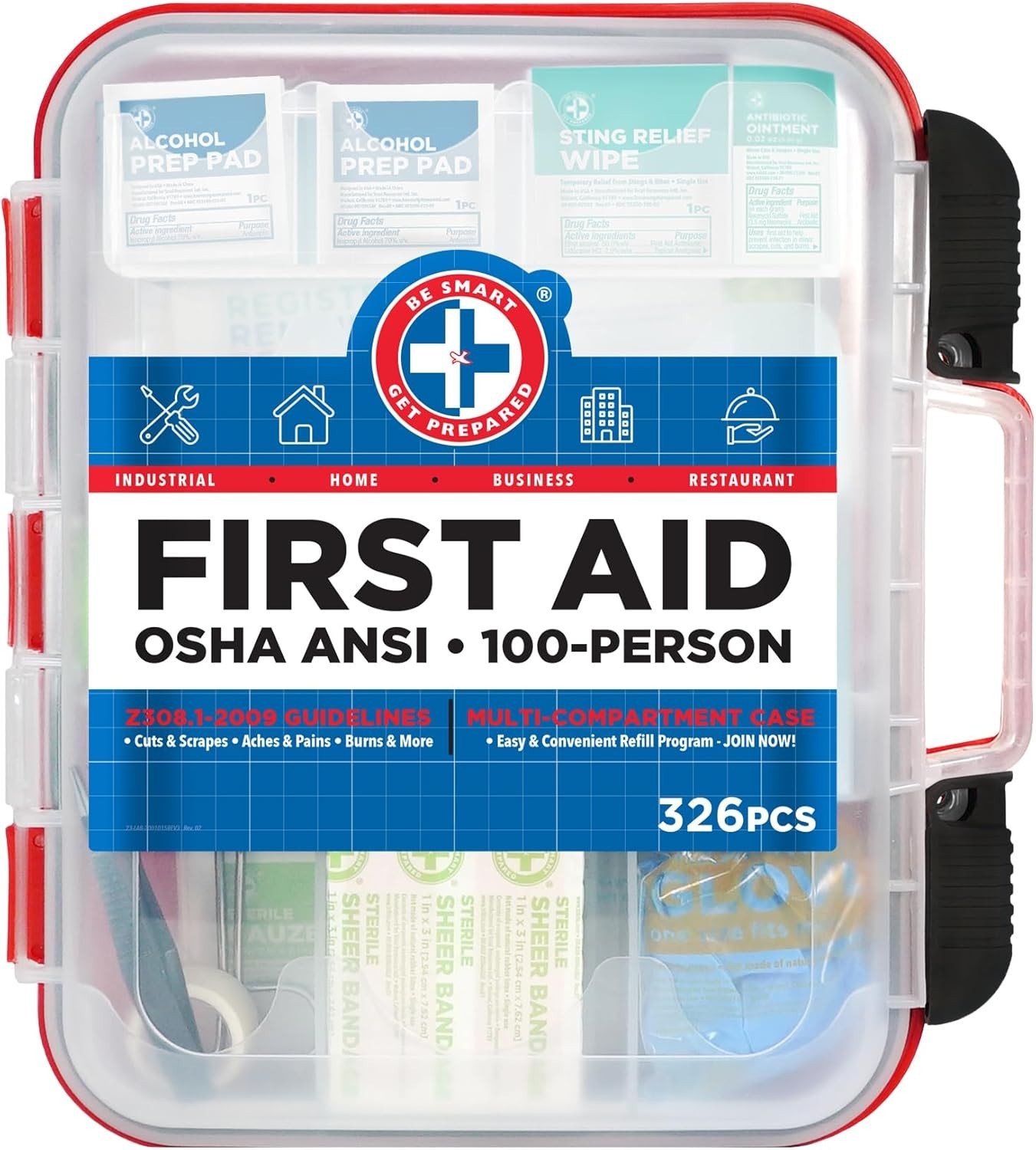 First Aid Kit Hard Red Case 326 Pieces Exceeds OSHA & ANSI Guidelines 100 People