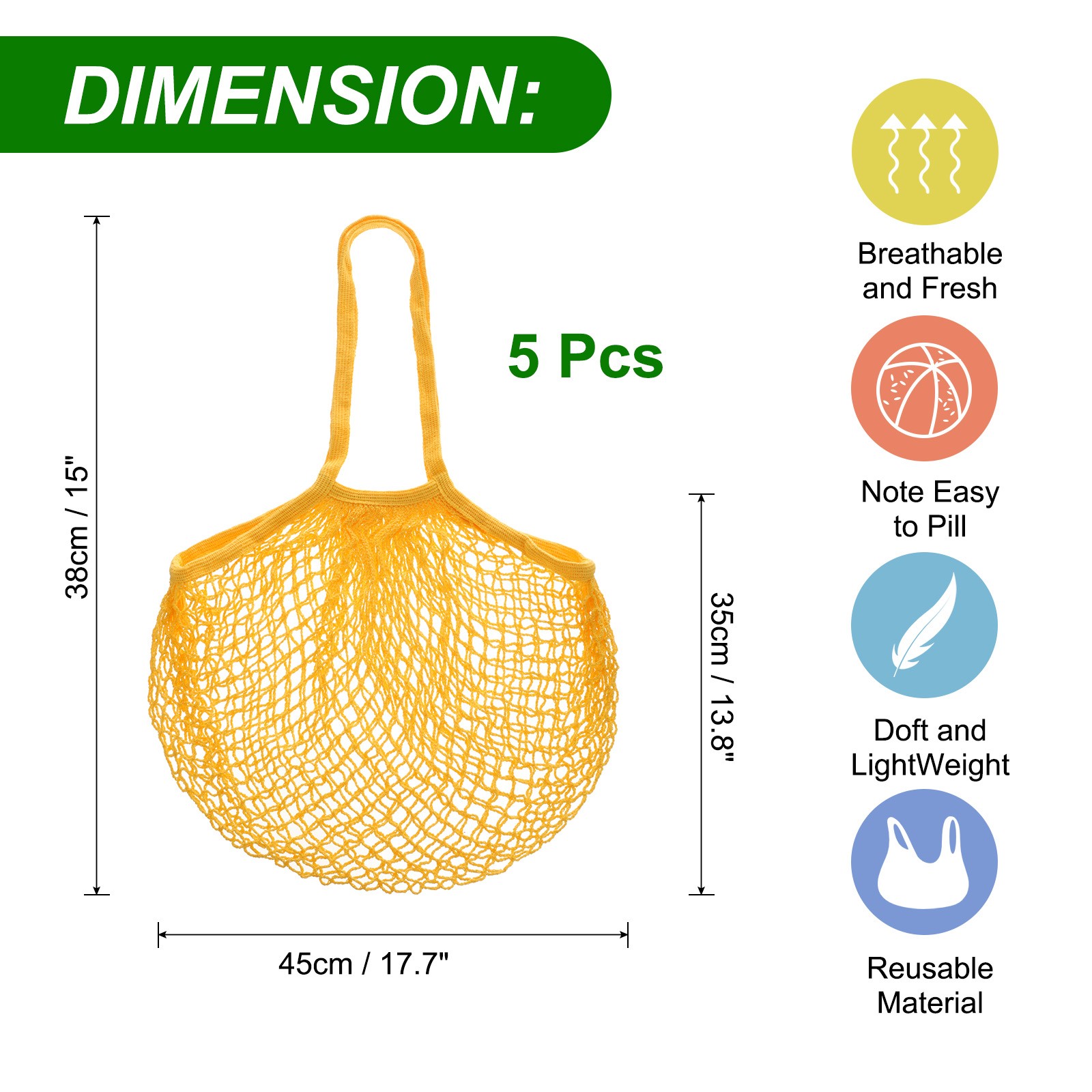 Reusable Mesh Produce Storage Bags Washable Portable Bag (Set of 5Pcs,Yellow)