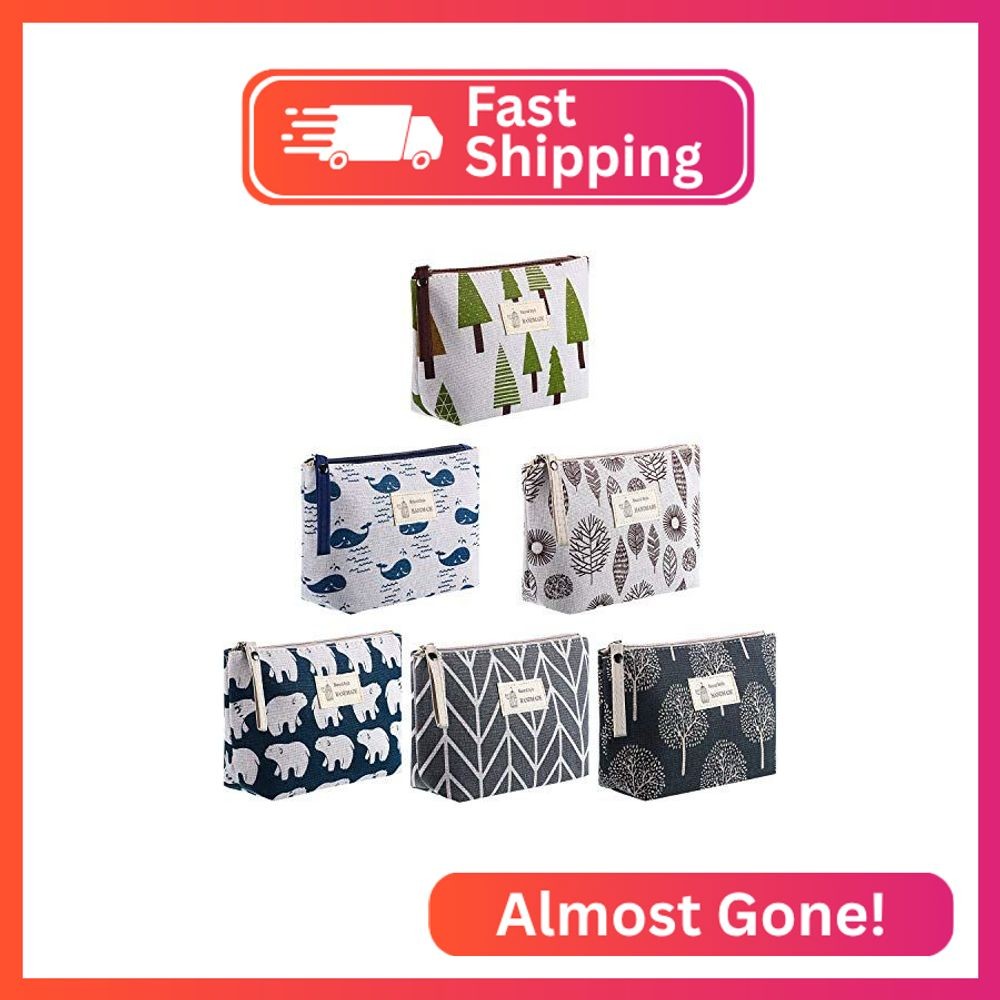 Boao 6 Pieces Canvas Cosmetic Bags Pouches for Purse with Zipper Printed Makeup