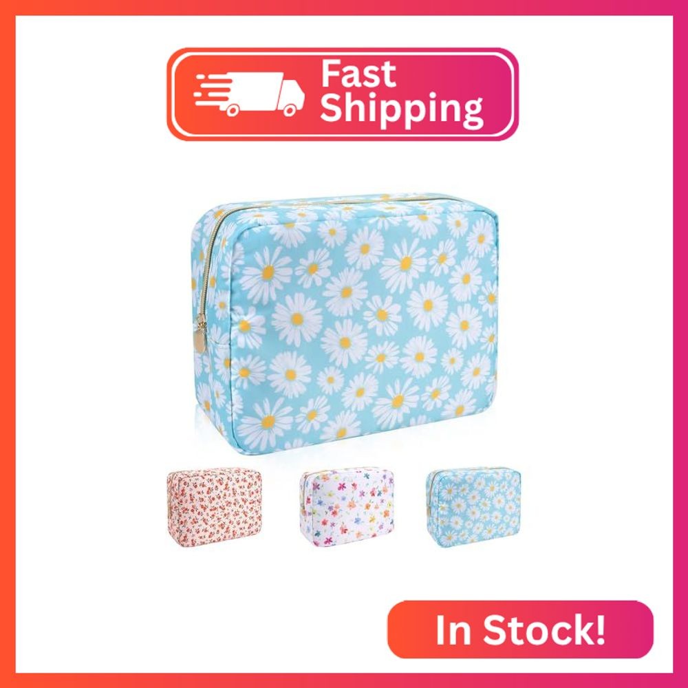 Waterproof Nylon Large Makeup Bag Travel Pouch, Floral Preppy Big Cosmetic Bag M