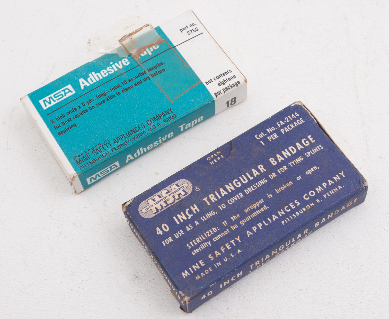 Two Vintage MSA Bandage Boxes w/Contents (T6R) Tape & Bandage First Aid
