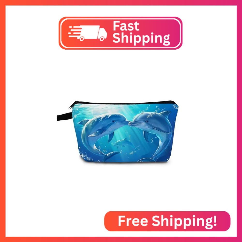 YULUENZE Blue Dolphin Makeup Bag – Cute Small Organizer With Zipper – Lovely Cos