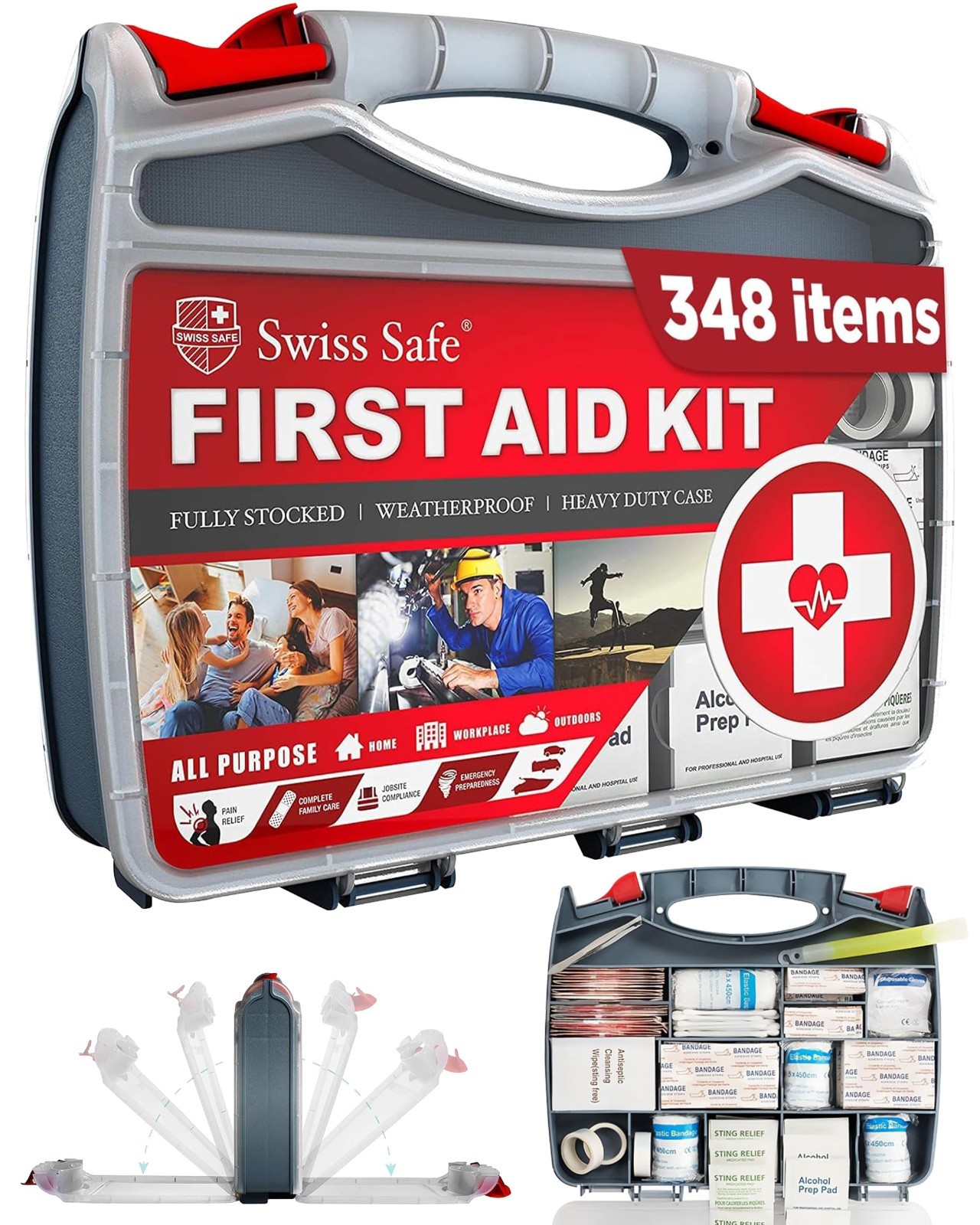 2-in-1 First Aid Kit for Car, Travel & Home – 348 Pcs Medical Emergency Aid, Sur