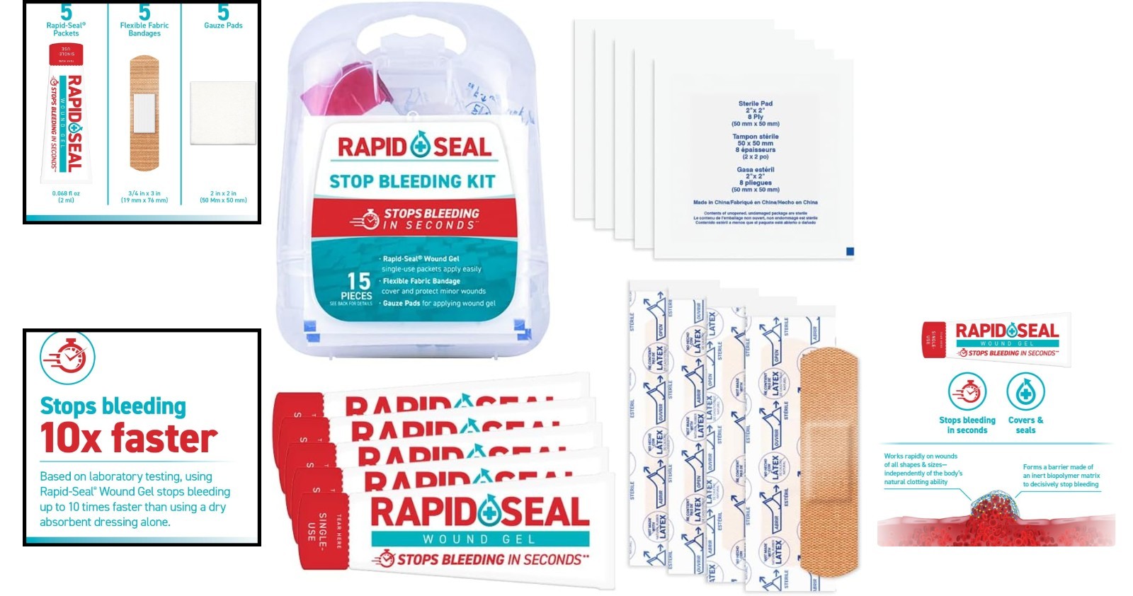 Rapid Seal First Aid 15-Pc Kit | Stop Bleeding Fast with Portable Supplies