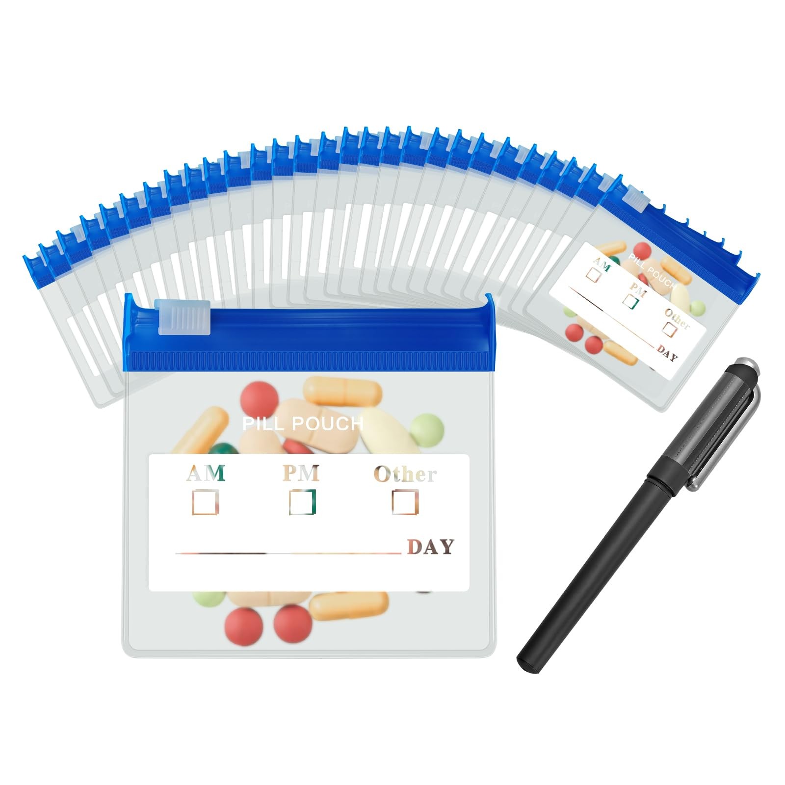 36 Packs Color Pill Pouch Bags 12mil 3 x Pack of 36, Frosted & Clear+blue