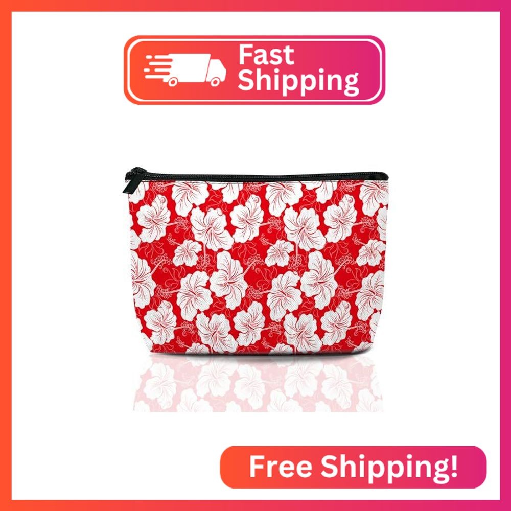 Red White Hibiscus Flower Cosmetic Bags for Women,Hawaiian Small Makeup Bag for