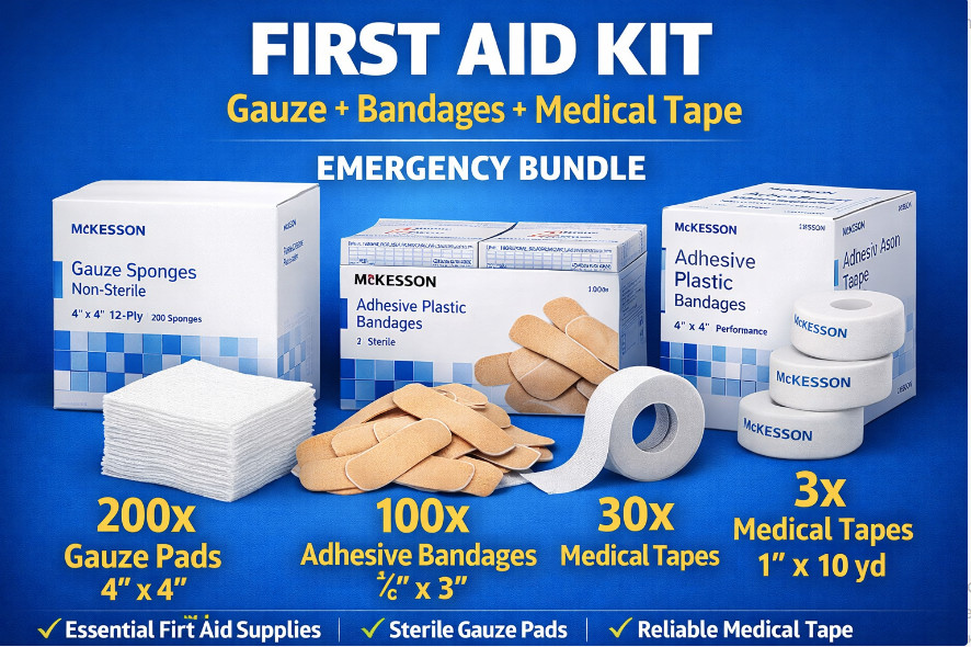 First Aid Kit Gauze 200ct Bandages 50ct Medical Tape Emergency Wound Care
