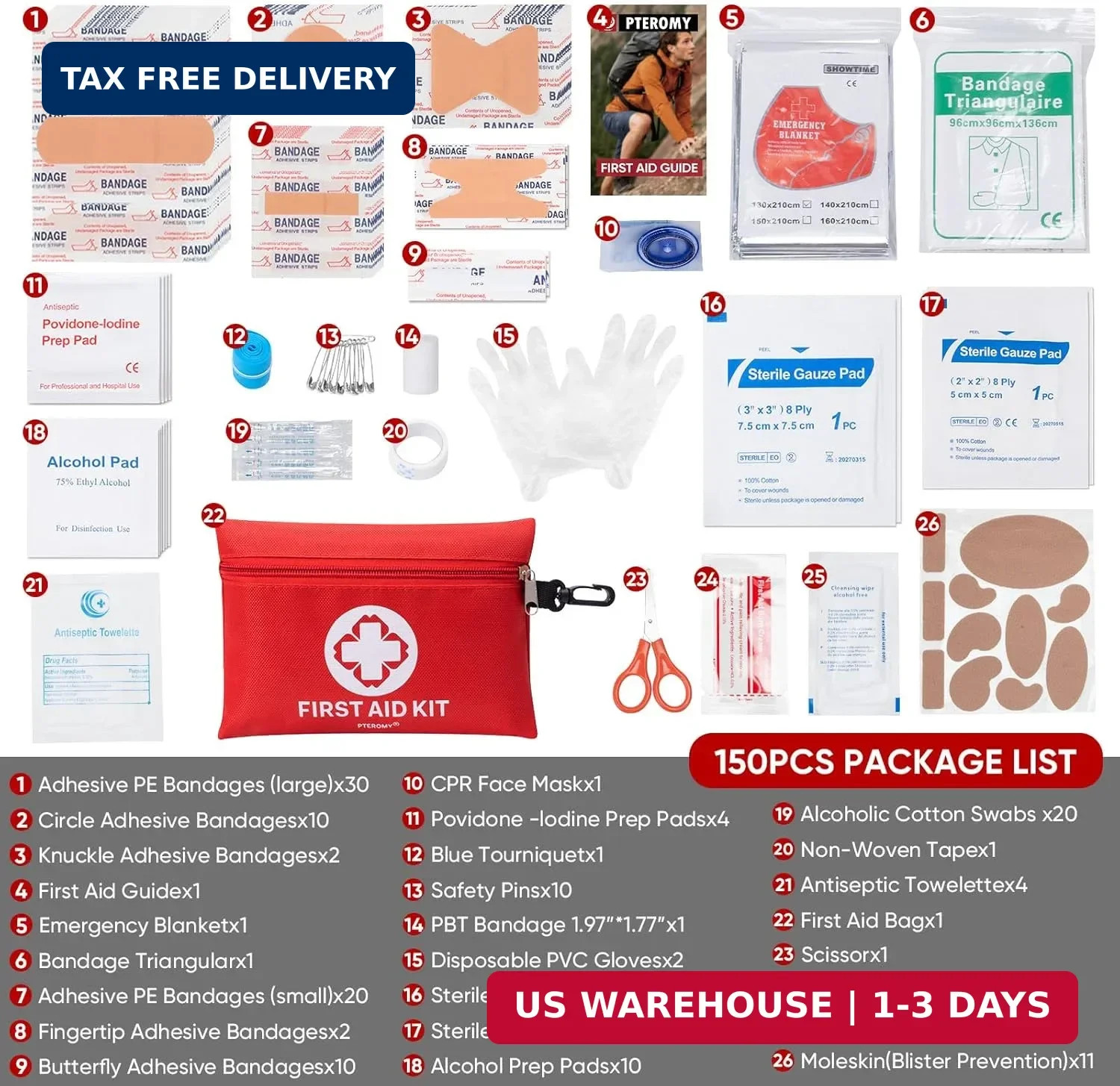 PTEROMY 150 Piece Mini First Aid Kit, Portable Small Emergency Kits Compact 1st