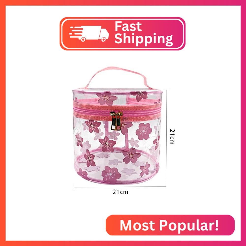 TotePrint Printed Flowers Clear Cylinder Travel Makeup Bag,Portable Waterproof P