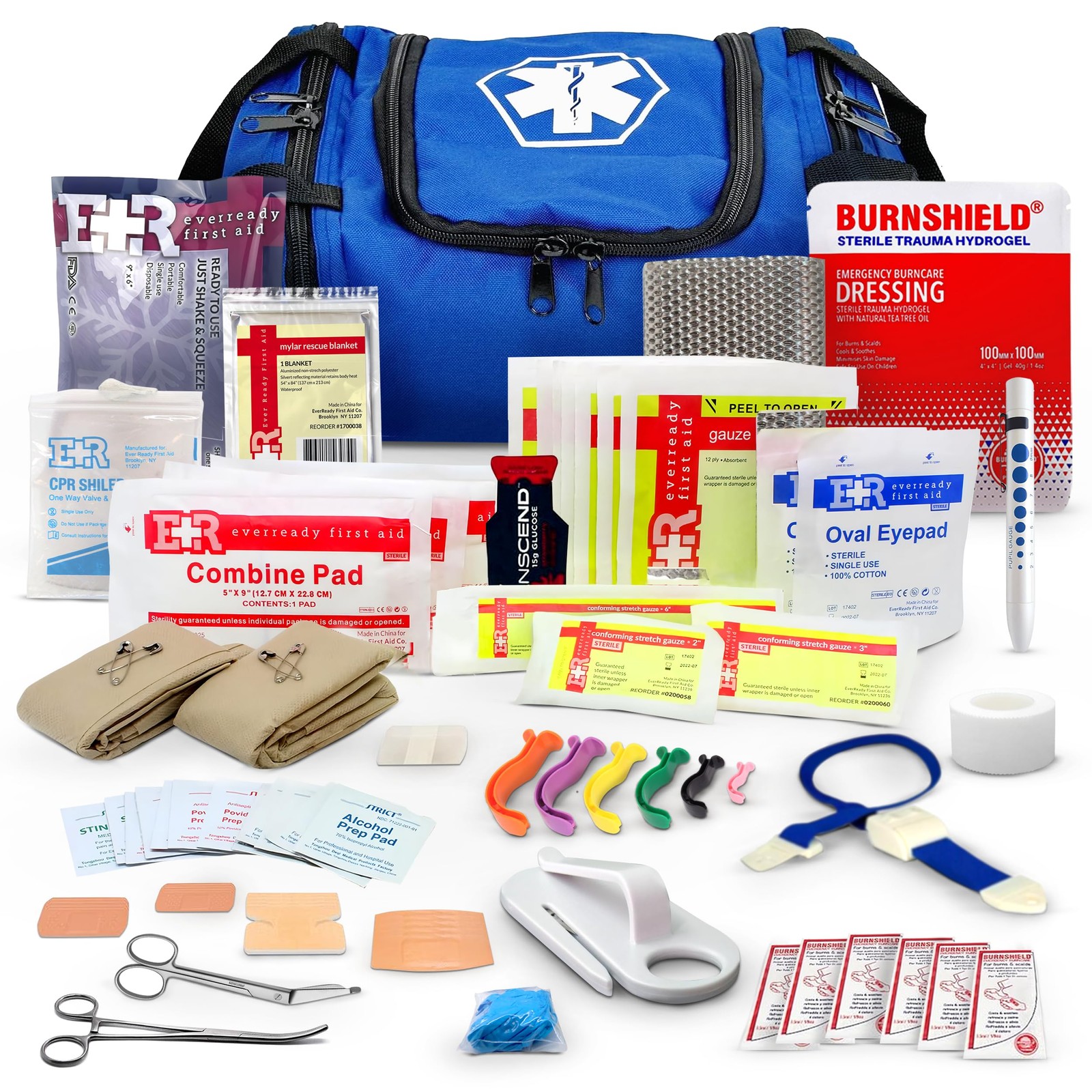 Fully Stocked Trauma First Aid Kit – First Responder II Bag with Tools, Gauze,