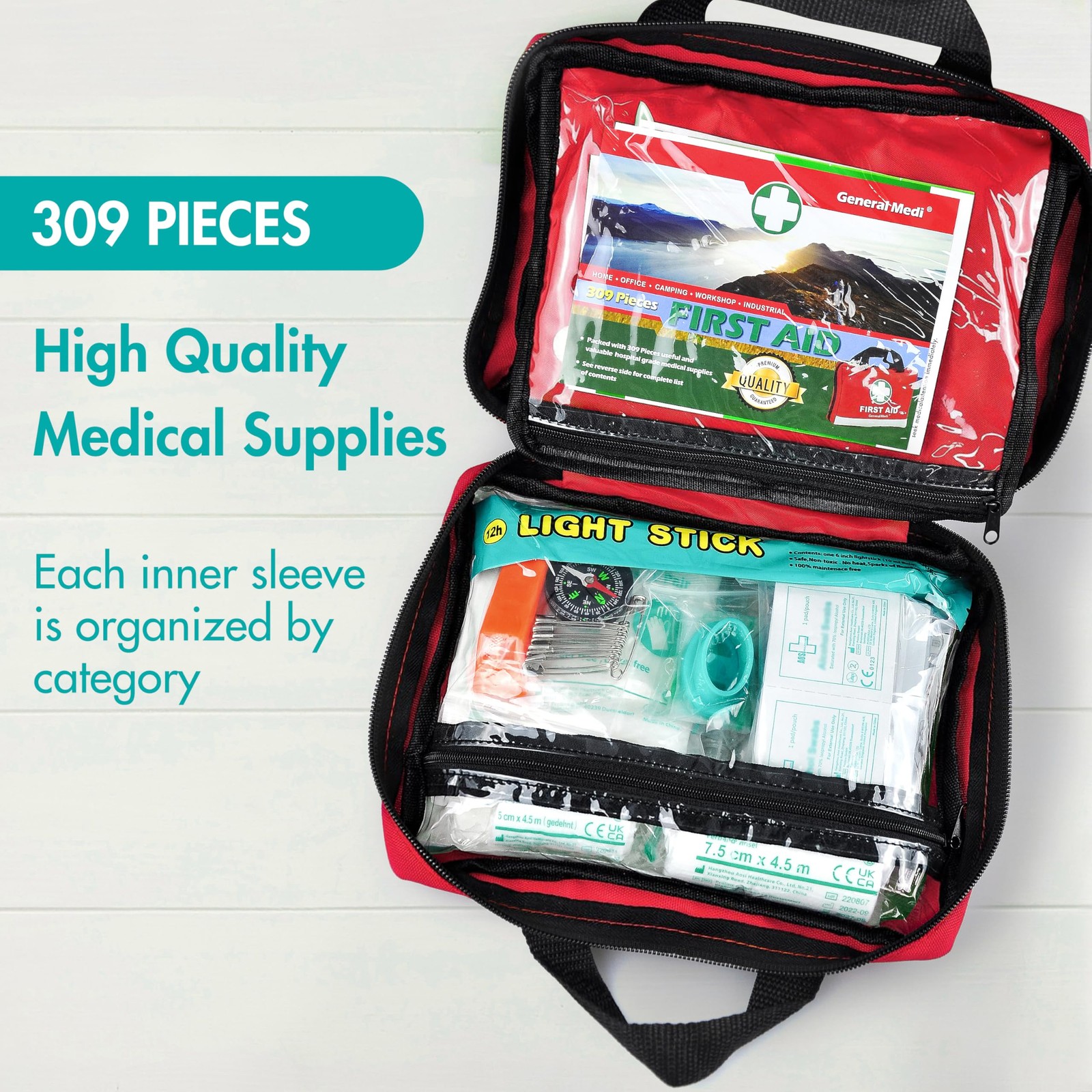 General Medi First Aid Kit 309 Pcs Reflective Emergency Bag Travel Home Car