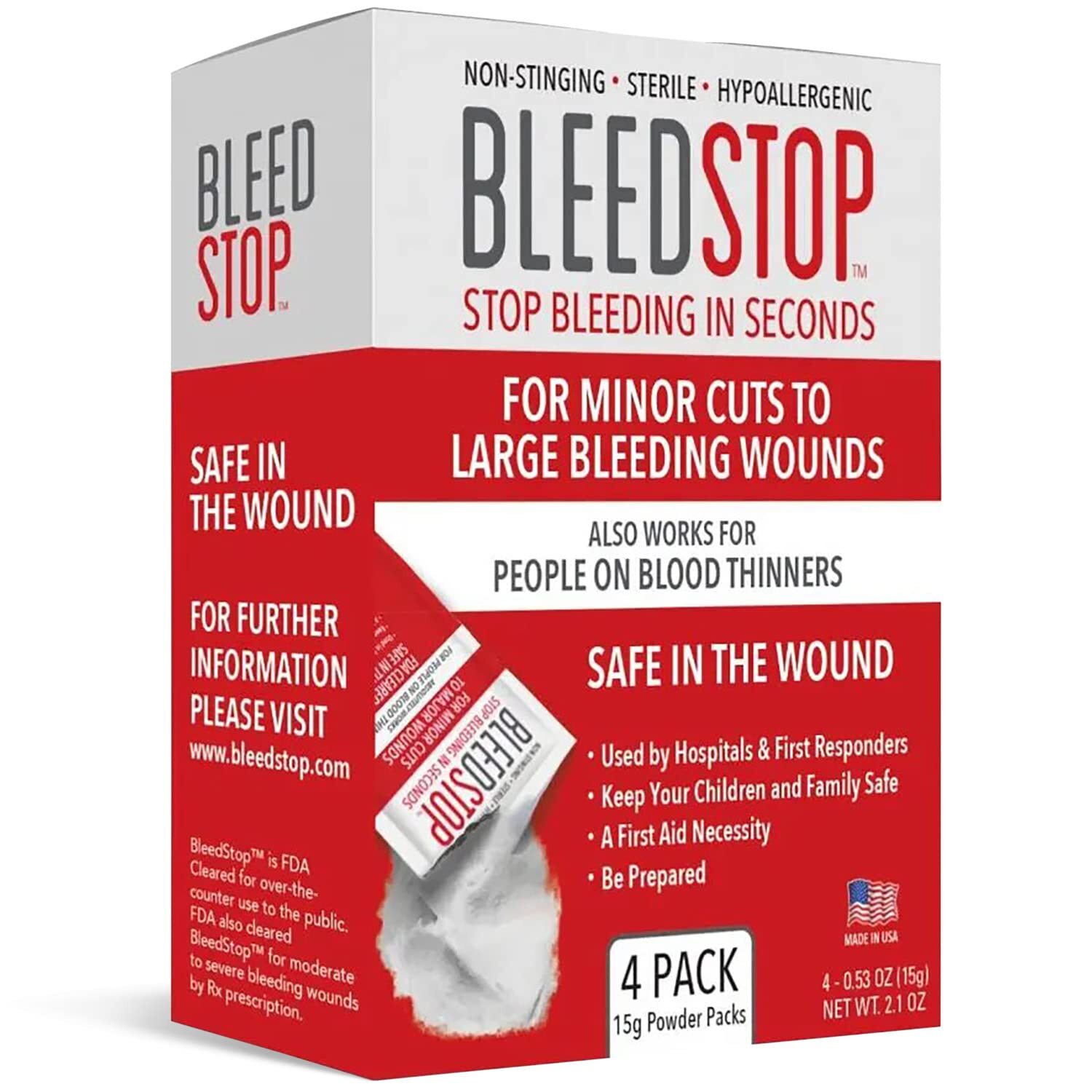 BleedStop™ First Aid Powder for Blood Clotting, Trauma Kit, 4 (15g) Pouches