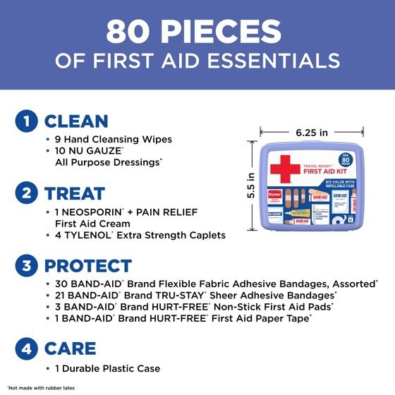 Band-Aid Travel Ready Portable Emergency First Aid Kit for Minor Wound Care with