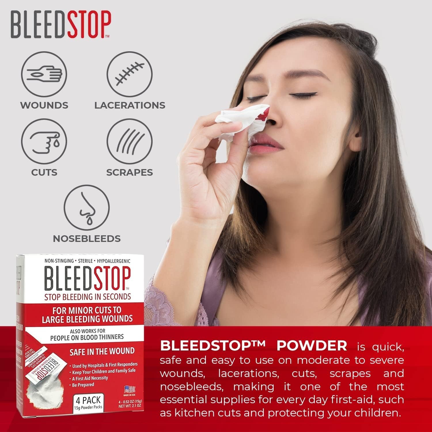 Bleedstop™ First Aid Powder for Blood Clotting, Trauma Kit, Blood Thinner Patien