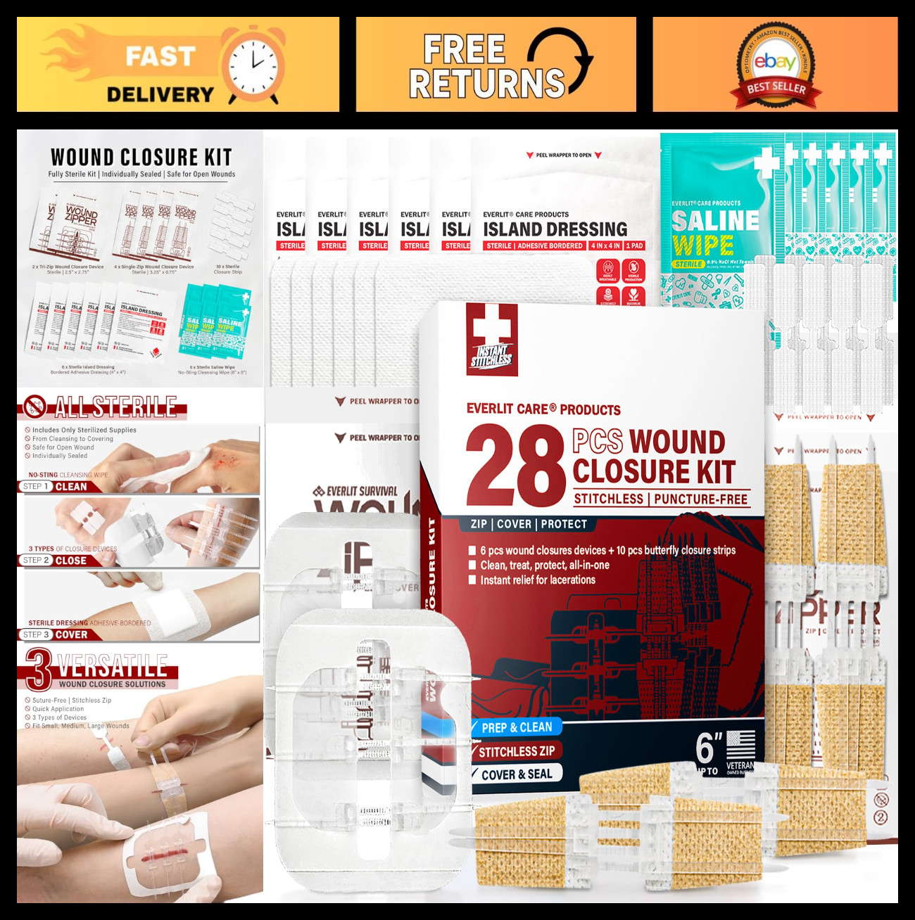 28 Pcs Wound Closure Kit – Suture-Free Zip Devices, Butterfly Bandages, Sterile