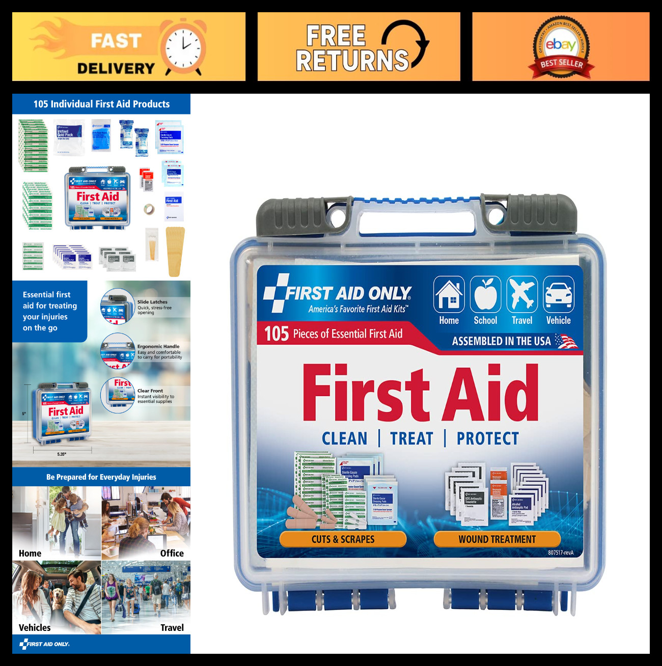 All-Purpose Emergency First Aid Kit – 105 Pieces for Car, Travel, Home & Busines