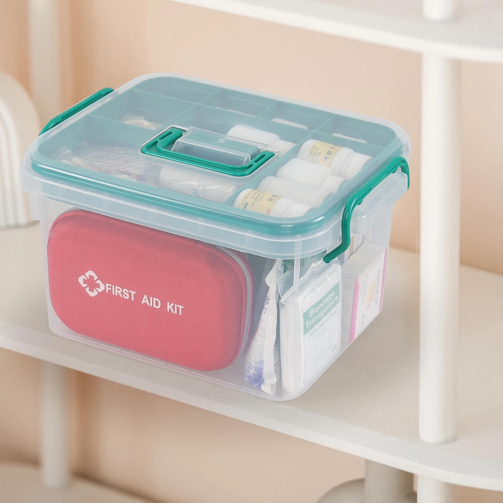 Waikhomes Plastic Divided First Aid Storage Box Kit, Portable Handled Clear