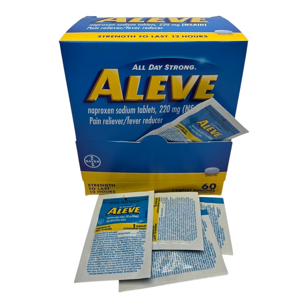 ALEVE Pain Reliever, 60 – 1 Caplet Pouches, Dispenser, Fever Reducer, Free Shipp