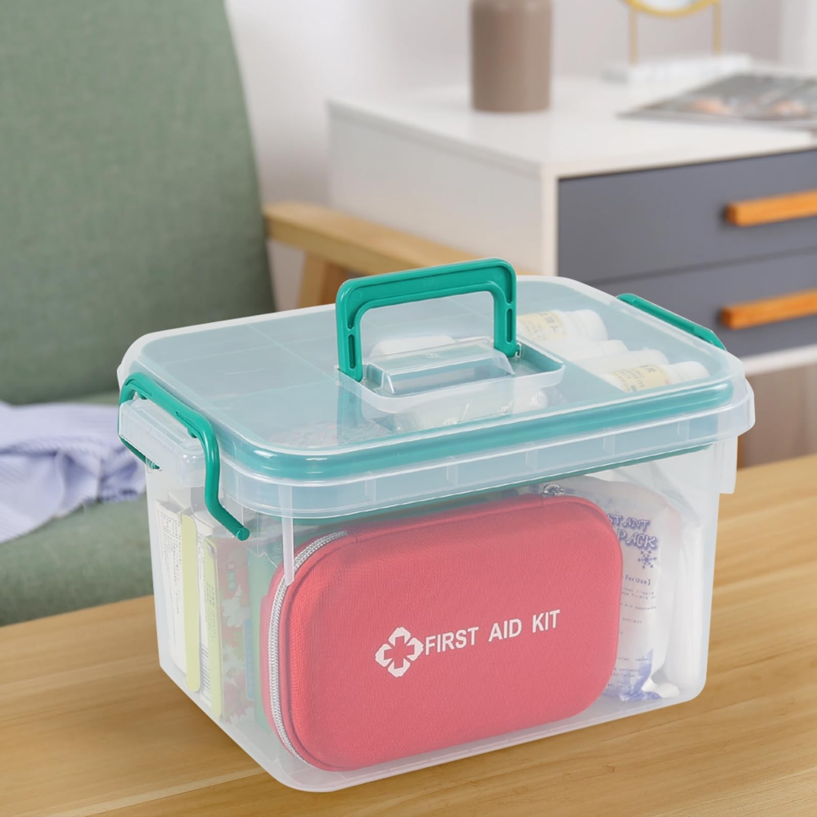 Waikhomes Plastic Divided First Aid Storage Box Kit, Portable Handled Clear
