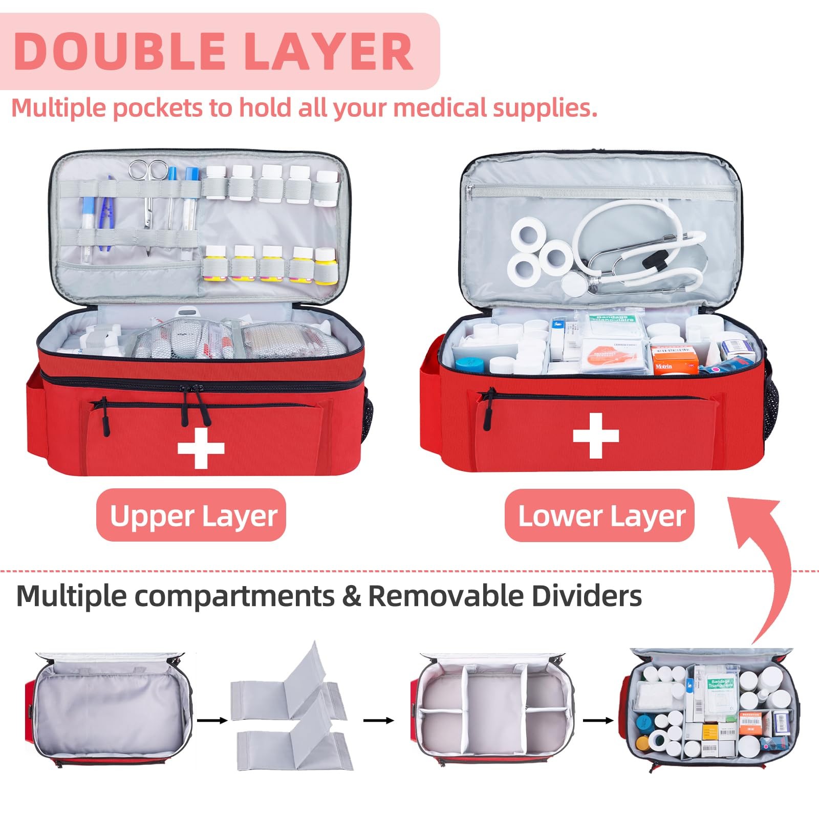 First Aid Bag Empty Large 2 Layer Medical Bag with Shoulder Strap 16”x 9½” x …