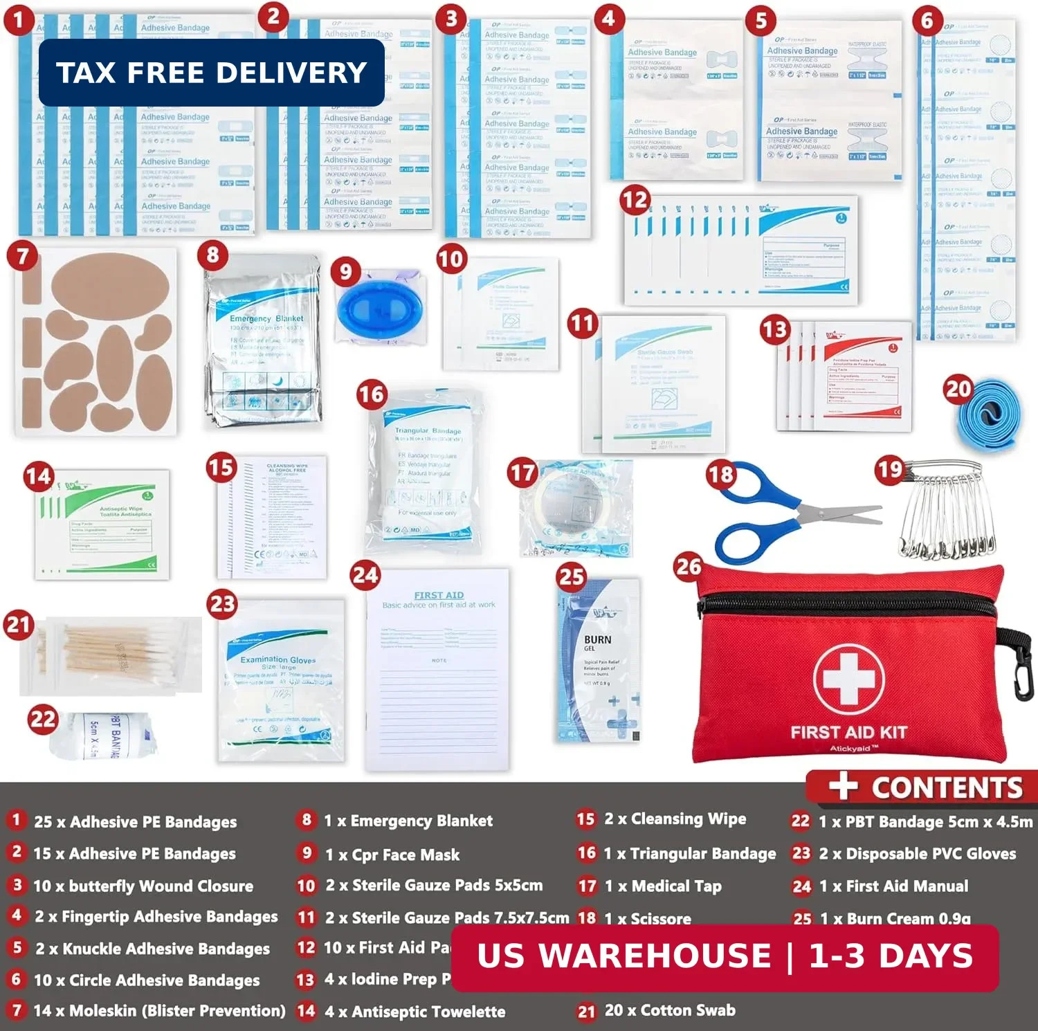 Atickyaid Mini First Aid Kit – 140 Piece Small First Aid Medical Kit for Car, Ho