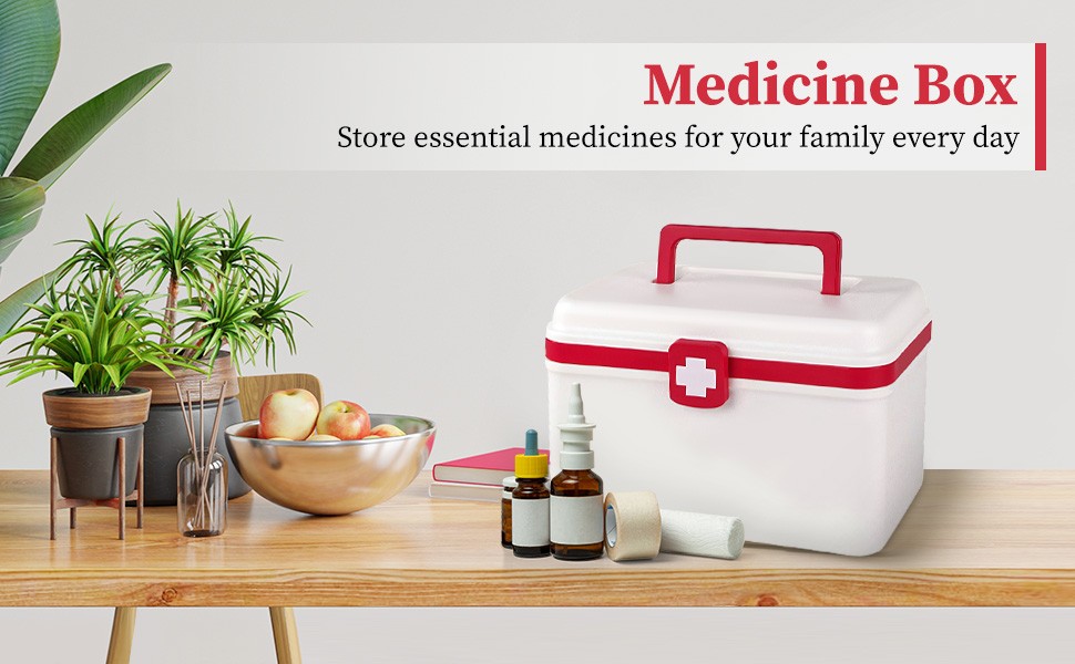 Family First Aid Box Bins with Handle Storage Organizer Double Layer for