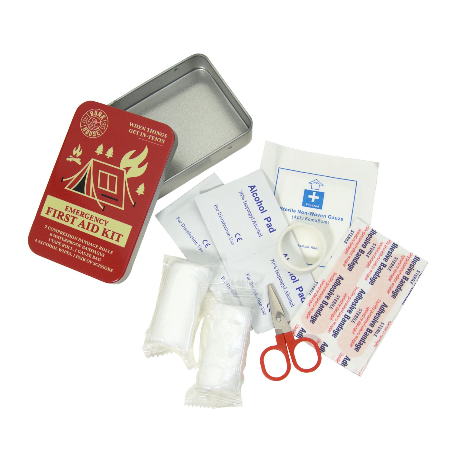 Bunk House Pocket-Size Emergency First Aid Kit Tin Bandages Gauze Wipes Scissors