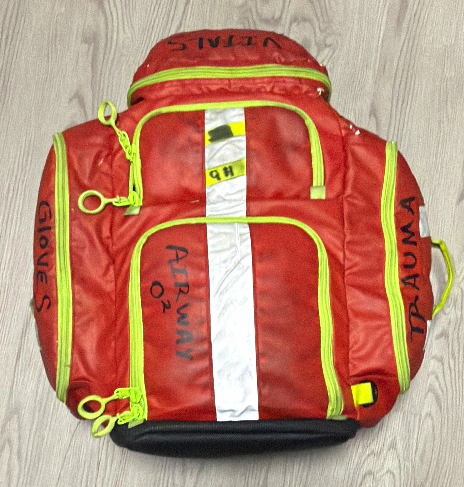 Red First Aid Medical Response Bag, Yellow Zippers, Reflective, Labeled Sections