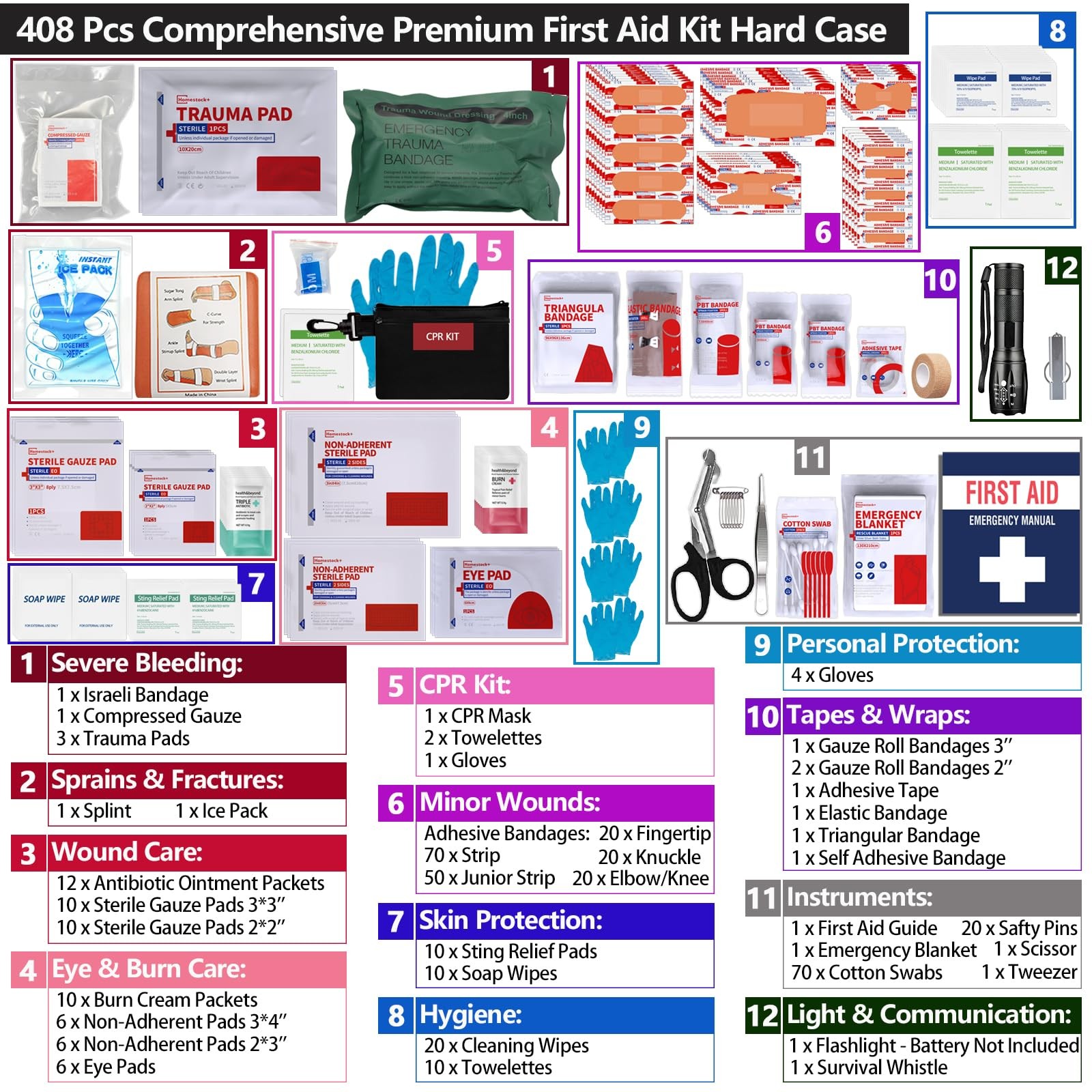 Hard Case First Aid Kit 408 Pcs – Wall Mountable Trauma for Red & Black
