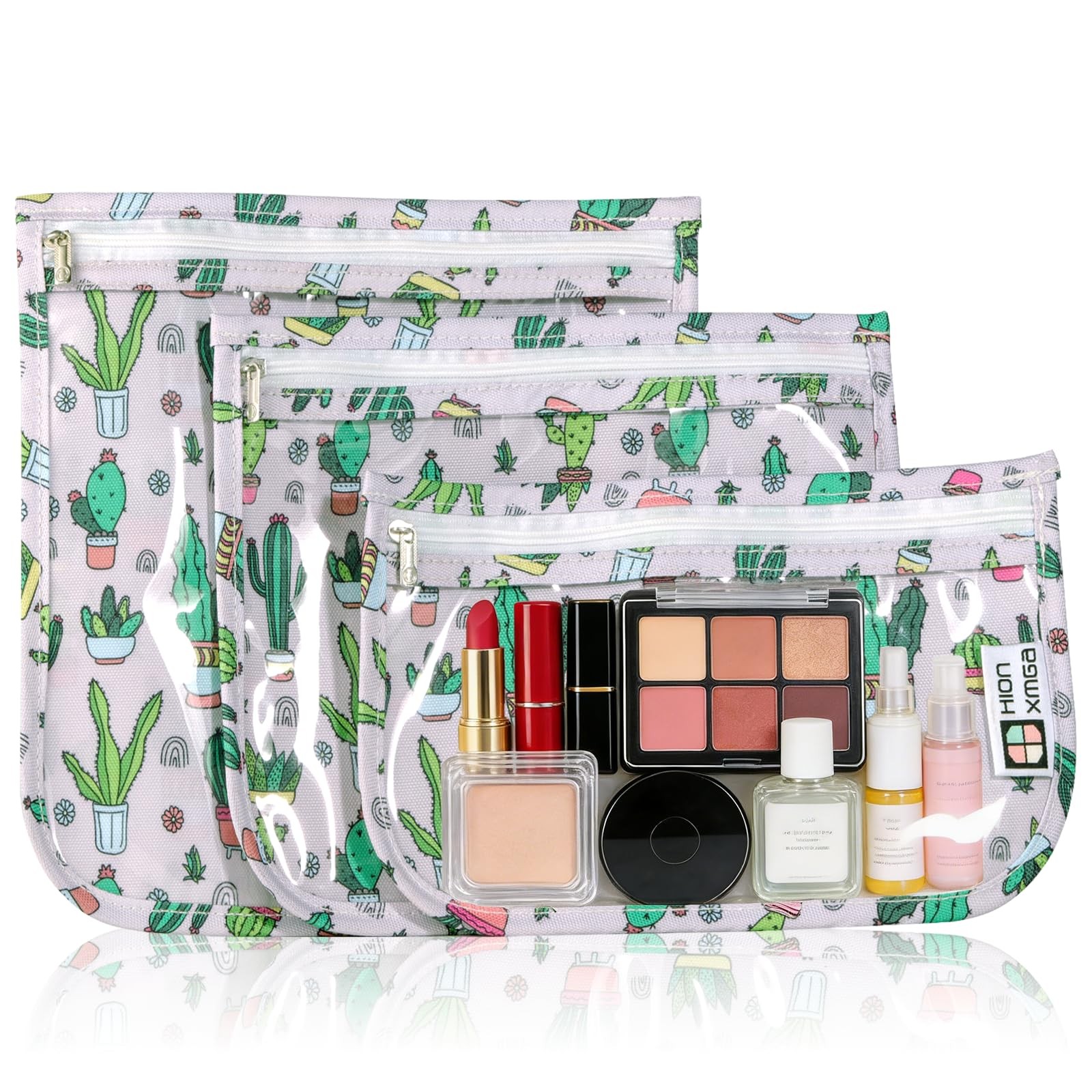 HIONXMGA TSA Approved Toiletry Bag, Set of 3 Clear Cacti a, Mixed Sizes