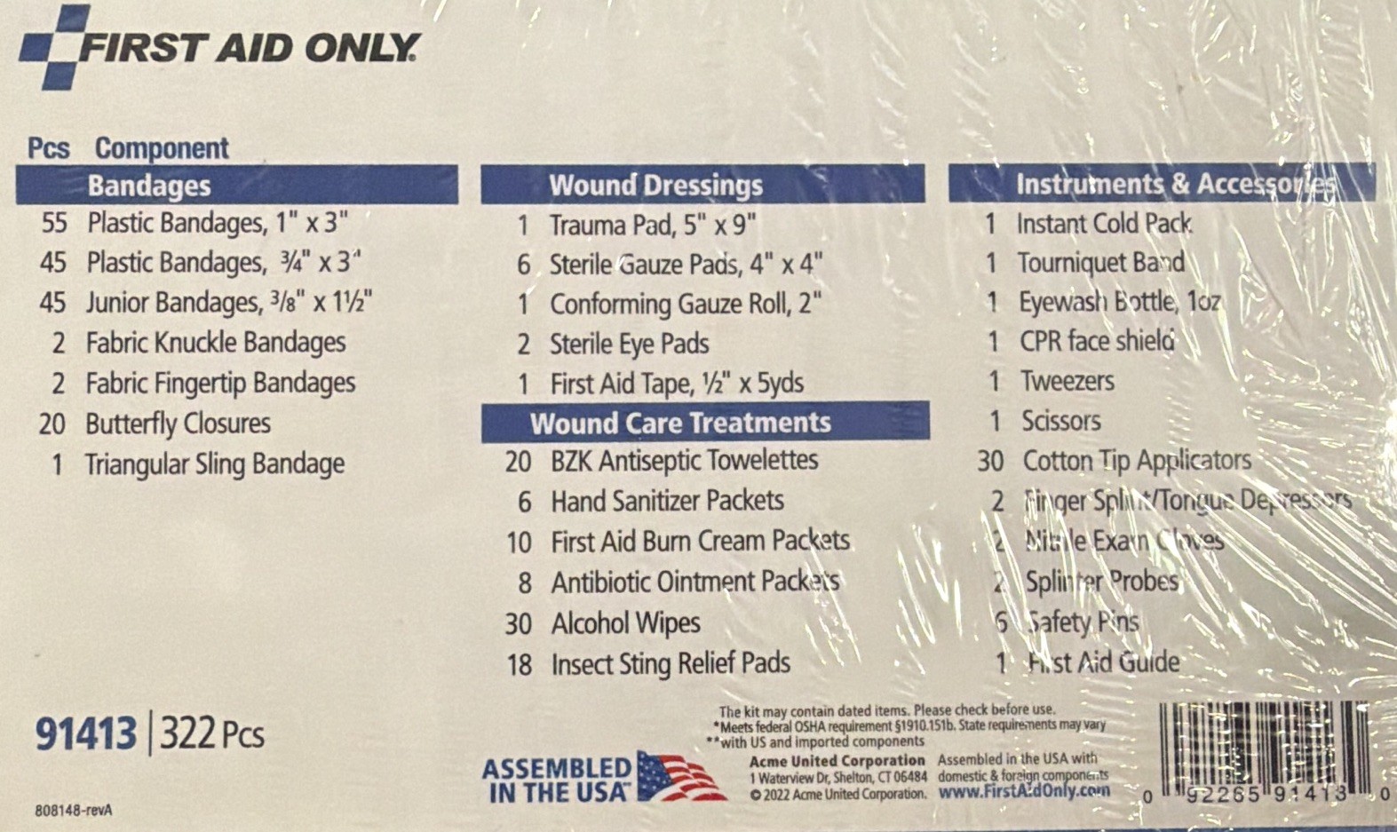 First Aid Only 322pc First Aid Kit OSHA 1910.151b Blue/Clear Case 91413 Exp 2028